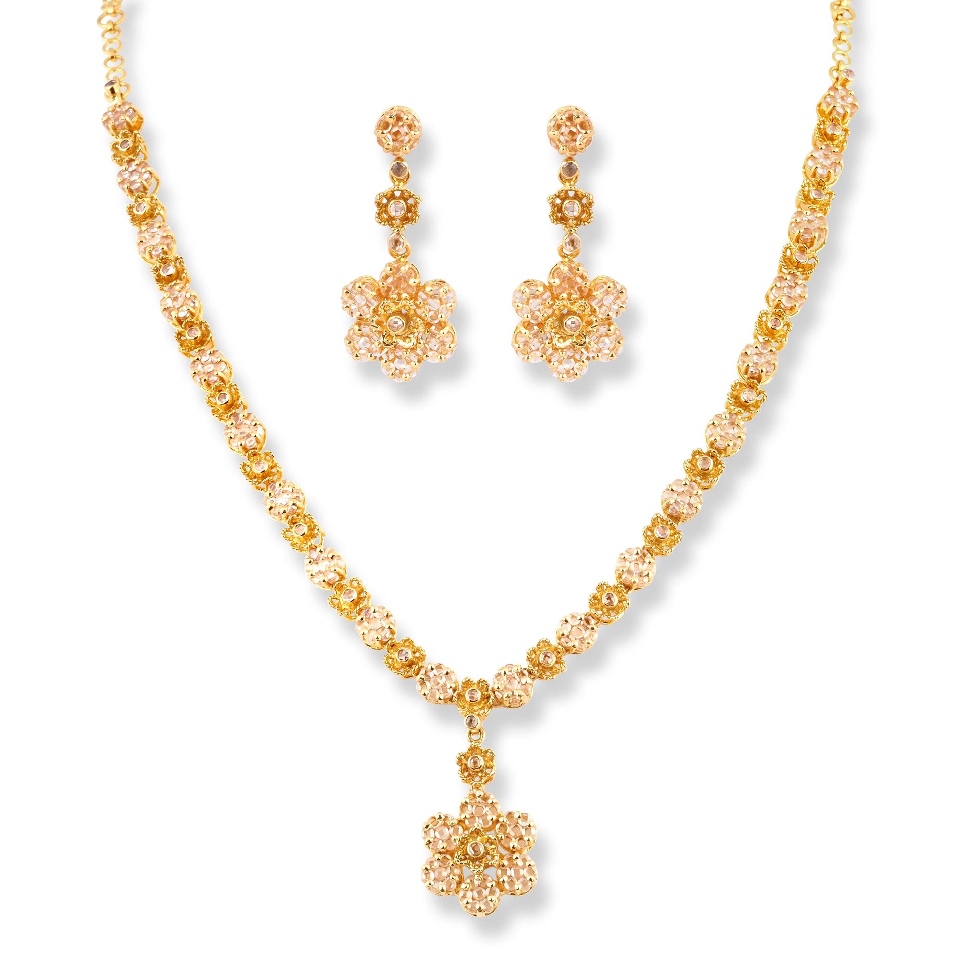22ct Yellow Gold Floral Necklace and Earrings Set – Traditional Polki Style Jewelry