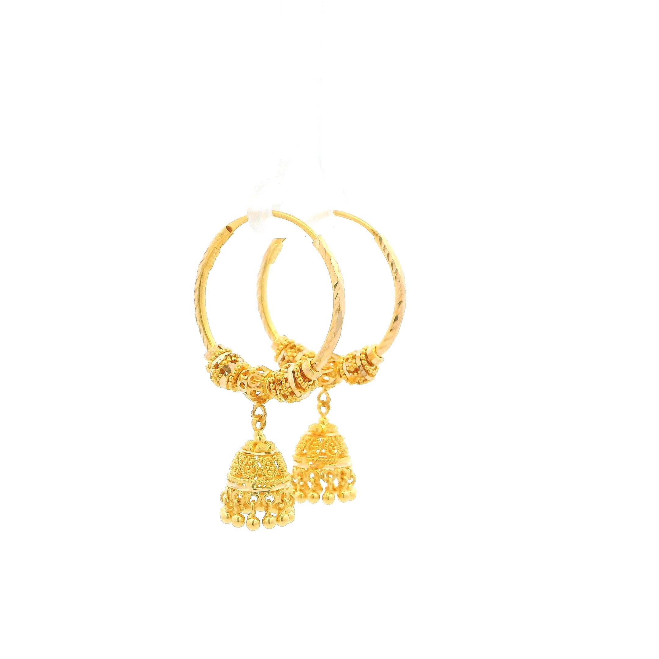 22ct Yellow Gold Jhoomka Earrings – Textured Hoop and Hanging Bell Design