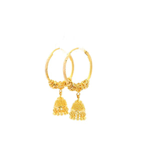 22ct Yellow Gold Jhoomka Earrings – Textured Hoop and Hanging Bell Design
