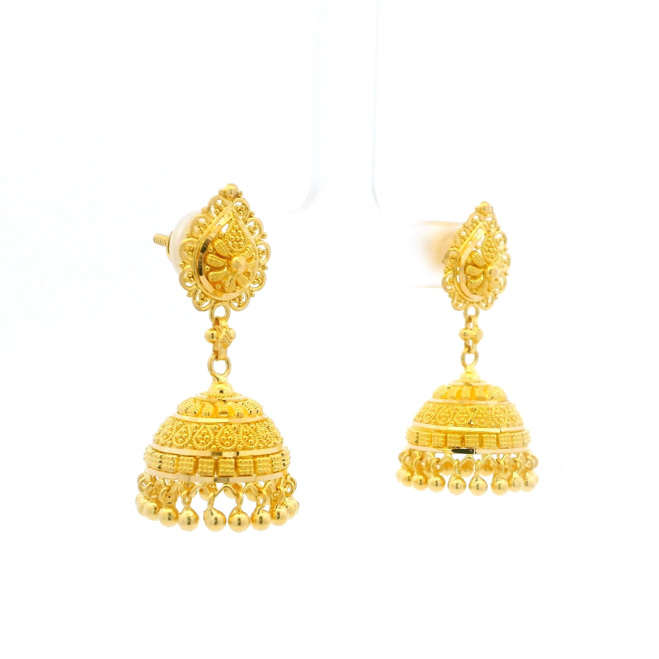 22ct Yellow Gold Jhumka Earrings with Intricate Filigree Design