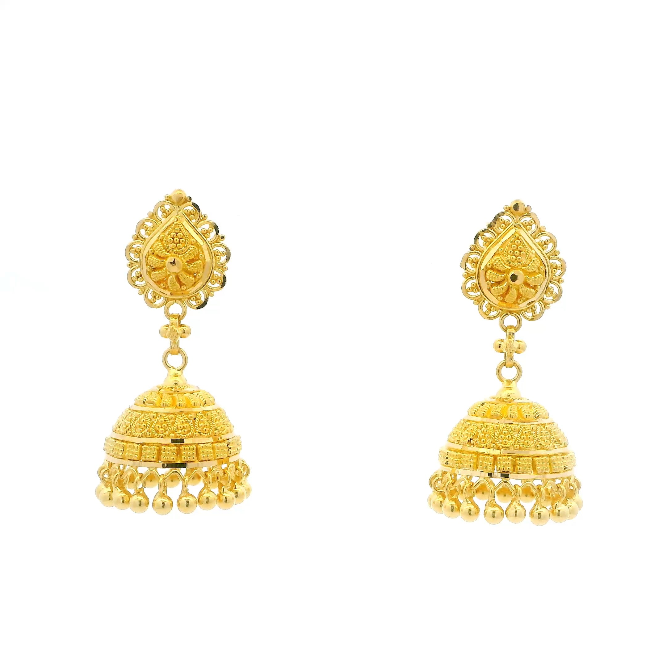 22ct Yellow Gold Jhumka Earrings with Intricate Filigree Design