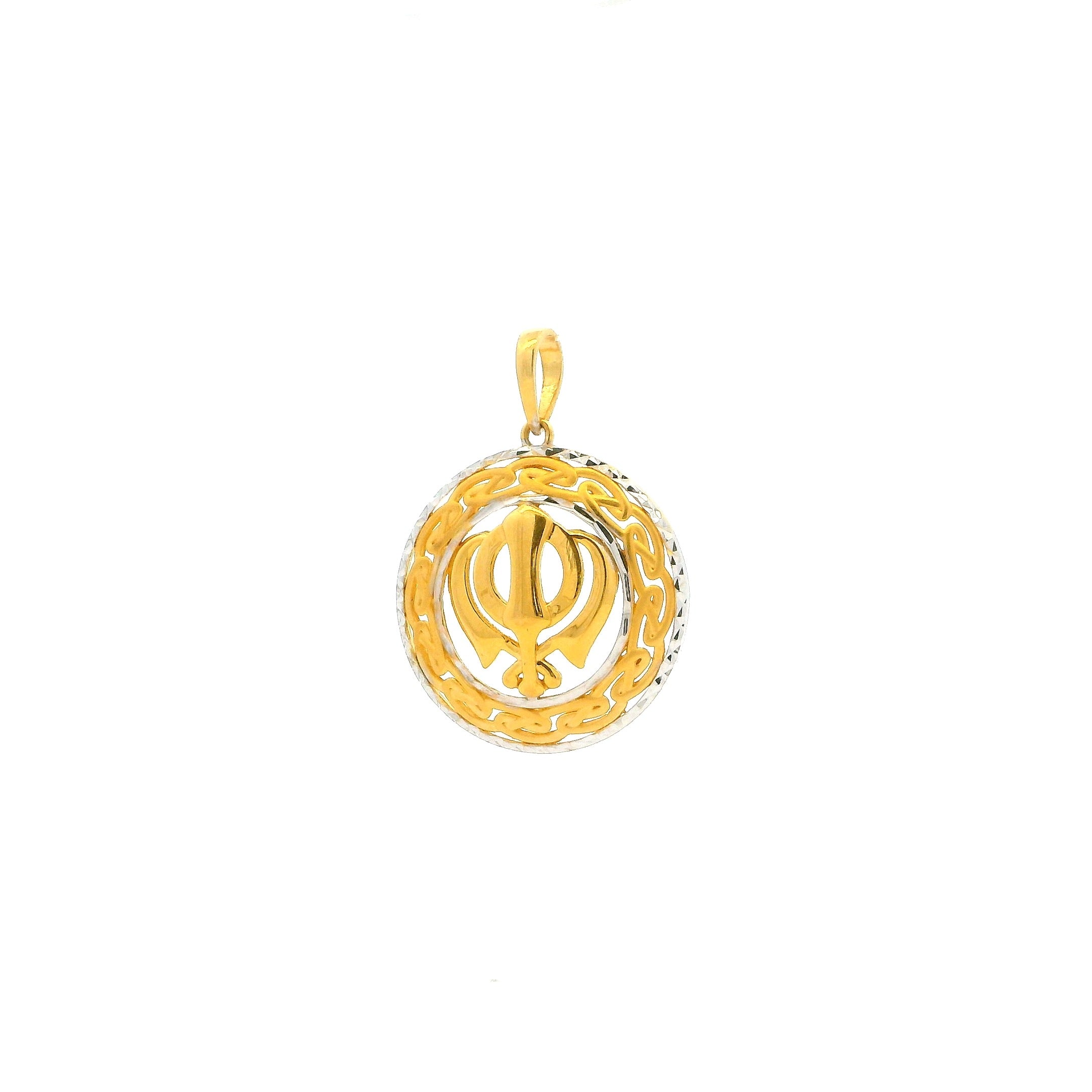 22ct Yellow Gold Khanda Pendant with Circular Rhodium-Plated Pattern Frame – Traditional Sikh Religious Jewellery