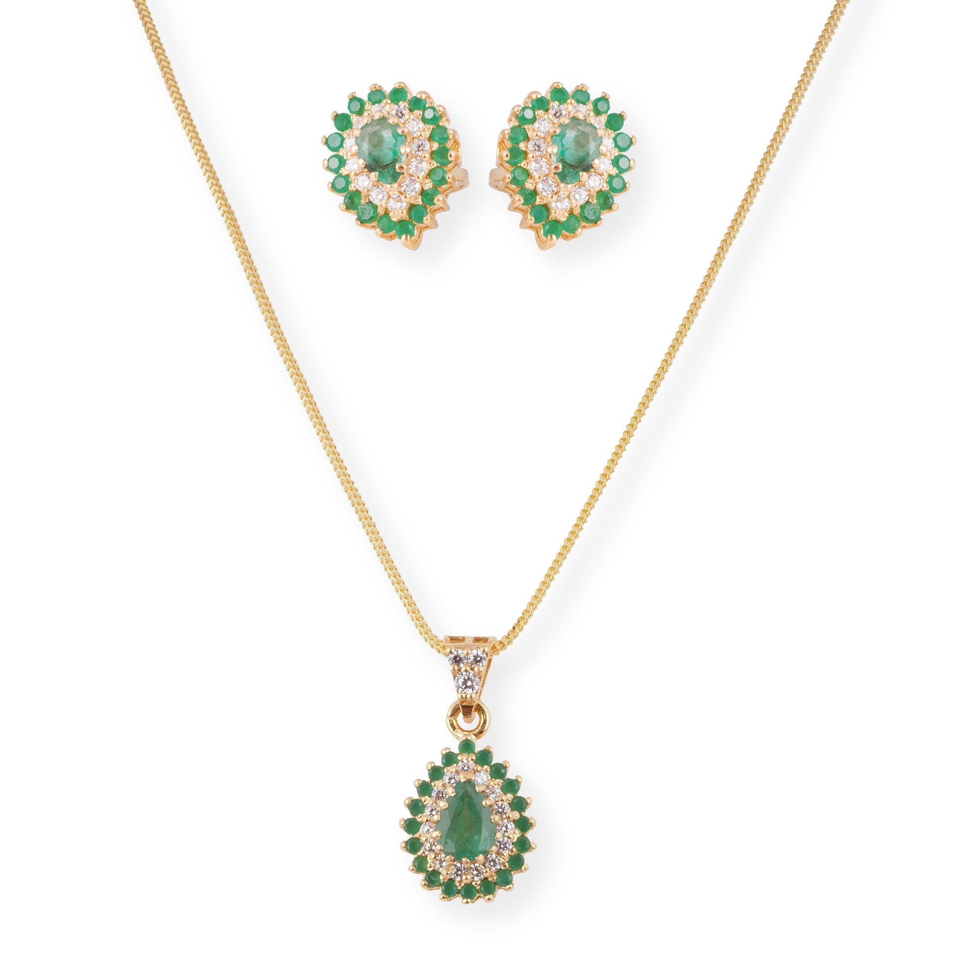 22ct Yellow Gold Necklace & Earrings Set with Green Cubic Zirconia Stones – Elegant Women’s Jewellery