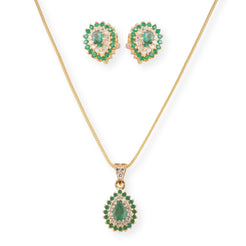 22ct Yellow Gold Necklace & Earrings Set with Green Cubic Zirconia Stones – Elegant Women’s Jewellery