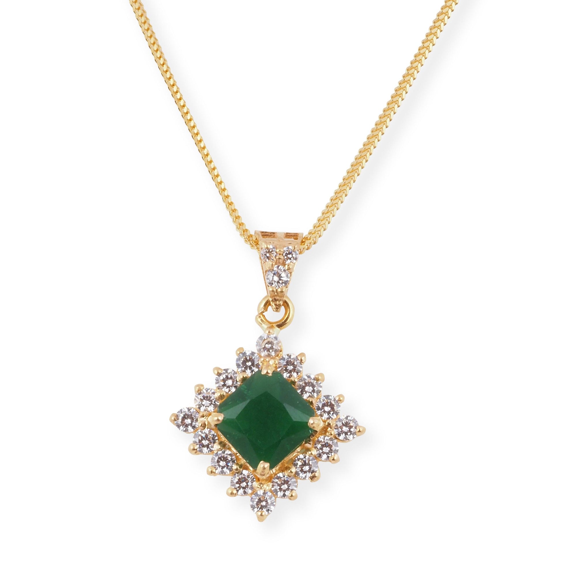 22ct Yellow Gold Necklace and Earrings Set with Green Cubic Zirconia Stones – Square Pendant Jewellery Suite