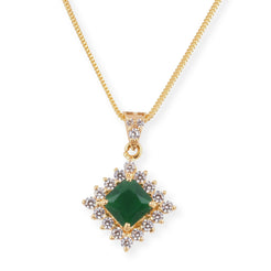 22ct Yellow Gold Necklace and Earrings Set with Green Cubic Zirconia Stones – Square Pendant Jewellery Suite