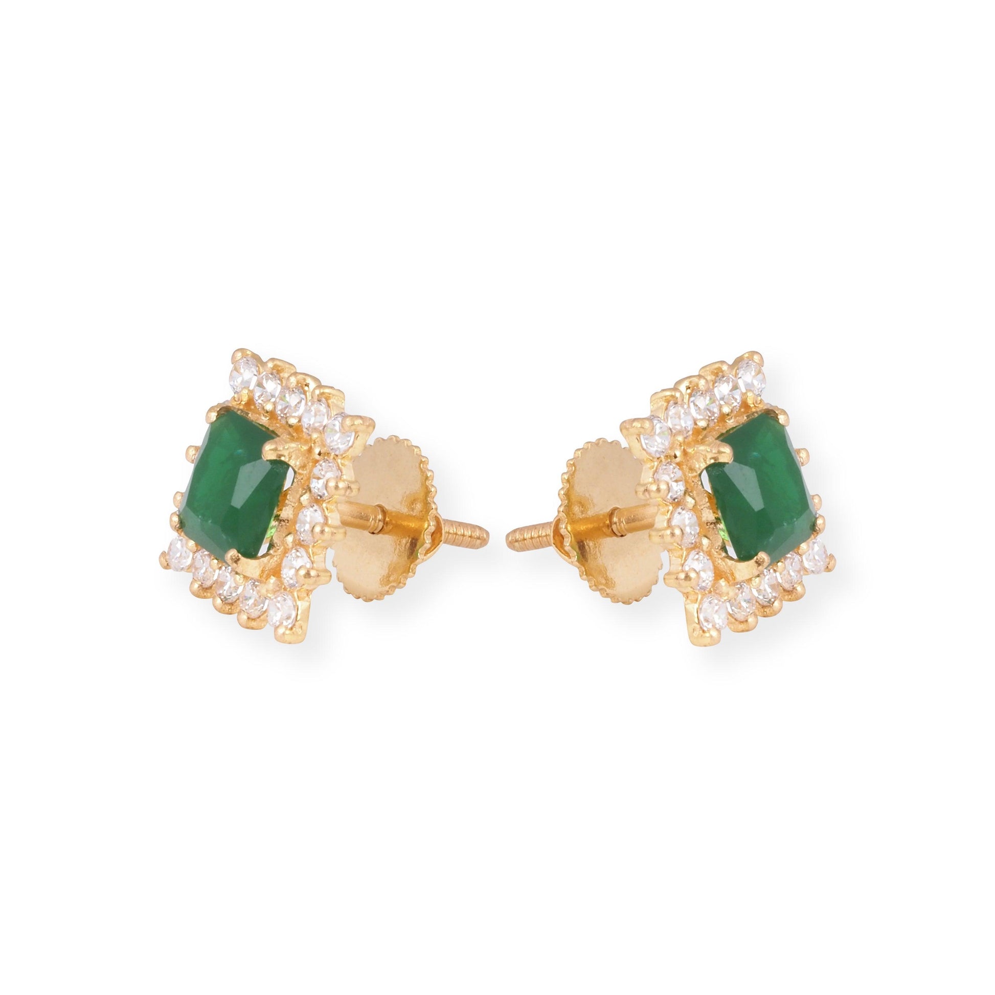 22ct Yellow Gold Necklace and Earrings Set with Green Cubic Zirconia Stones – Square Pendant Jewellery Suite