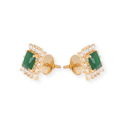 22ct Yellow Gold Necklace and Earrings Set with Green Cubic Zirconia Stones – Square Pendant Jewellery Suite