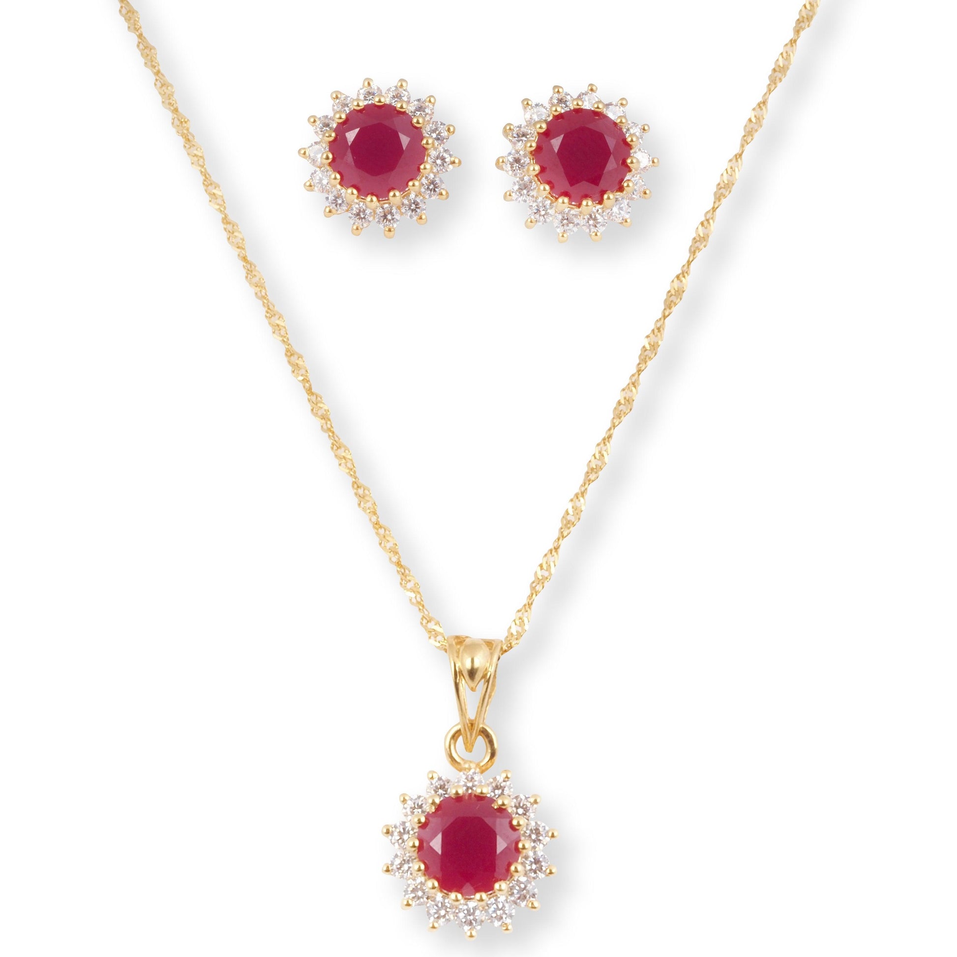 22ct Yellow Gold Necklace Earrings Set with Round Red Cubic