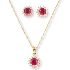 22ct Yellow Gold Necklace and Earrings Set with Round Red Cubic Zirconia Stones – Elegant Jewelry Suite