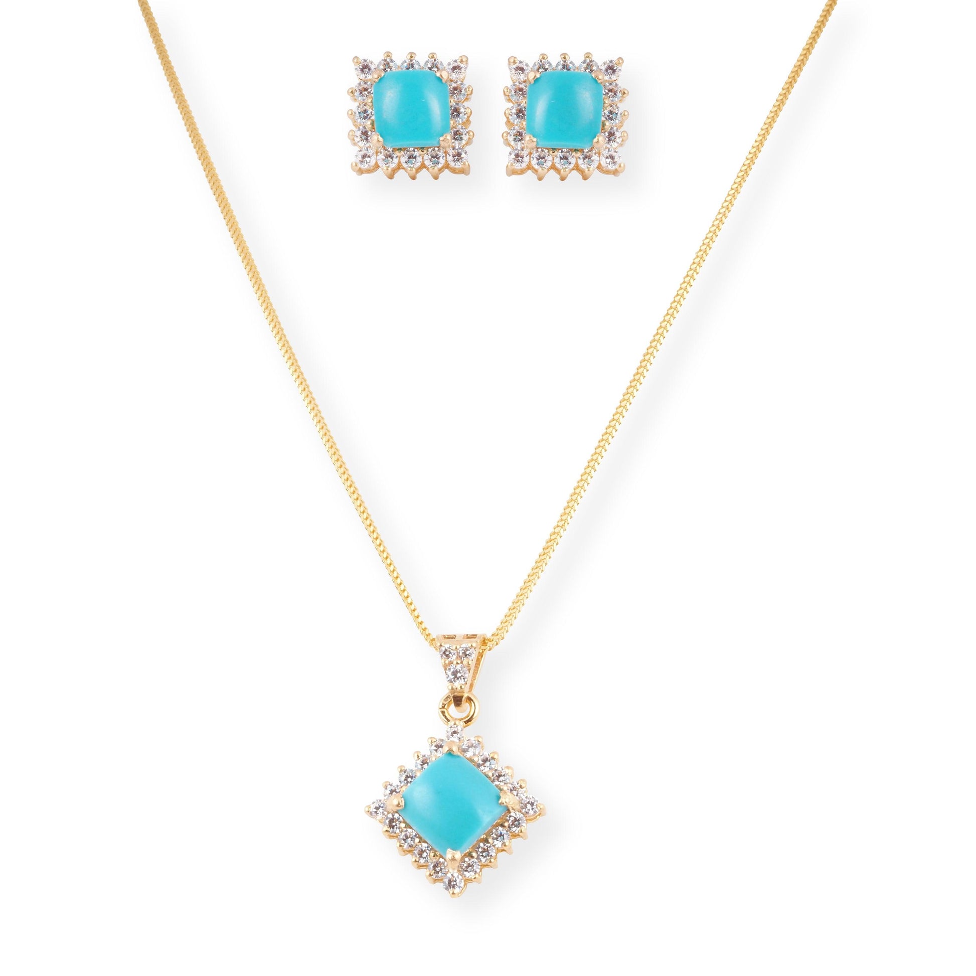 22ct Yellow Gold Necklace and Earrings Set with Square Turquoise and Cubic Zirconia Stones – Elegant Pendant Jewellery Suite