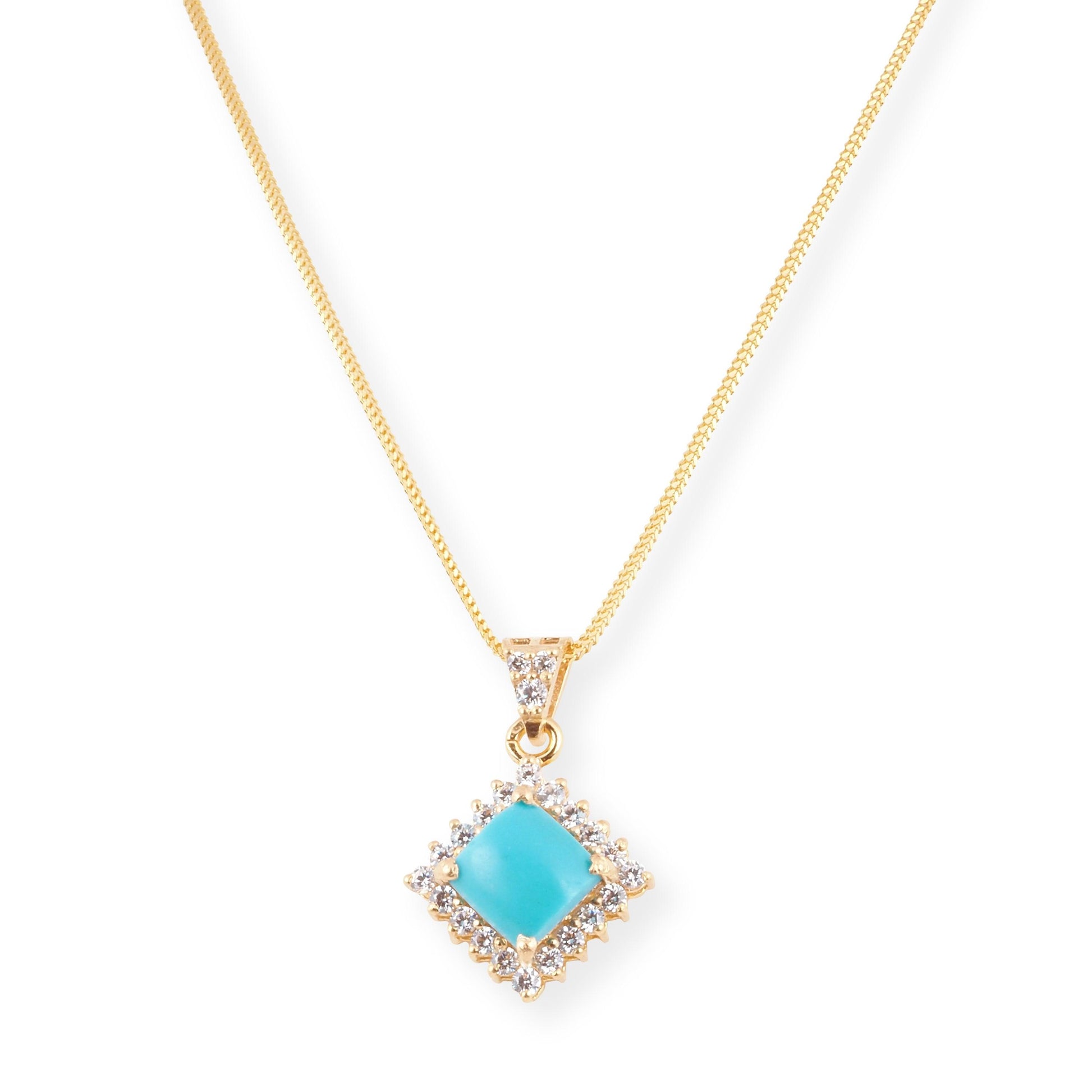 22ct Yellow Gold Necklace and Earrings Set with Square Turquoise and Cubic Zirconia Stones – Elegant Pendant Jewellery Suite
