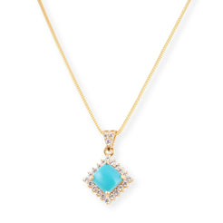 22ct Yellow Gold Necklace and Earrings Set with Square Turquoise and Cubic Zirconia Stones – Elegant Pendant Jewellery Suite