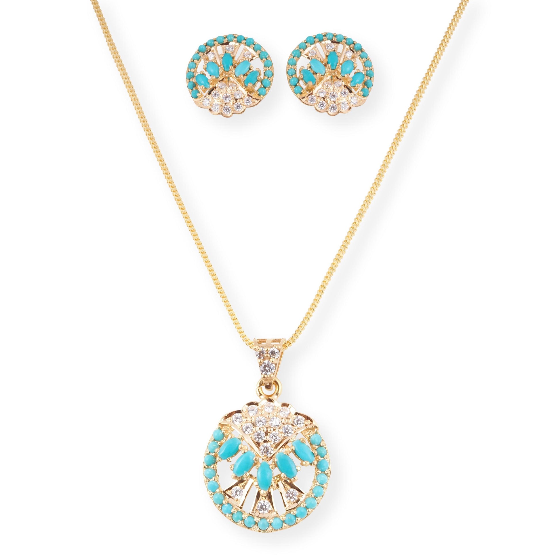 22ct Yellow Gold Necklace and Earrings Set with Turquoise and Cubic Zirconia Stones – Round Pendant Jewellery Suite