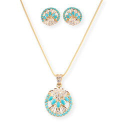 22ct Yellow Gold Necklace and Earrings Set with Turquoise and Cubic Zirconia Stones – Round Pendant Jewellery Suite