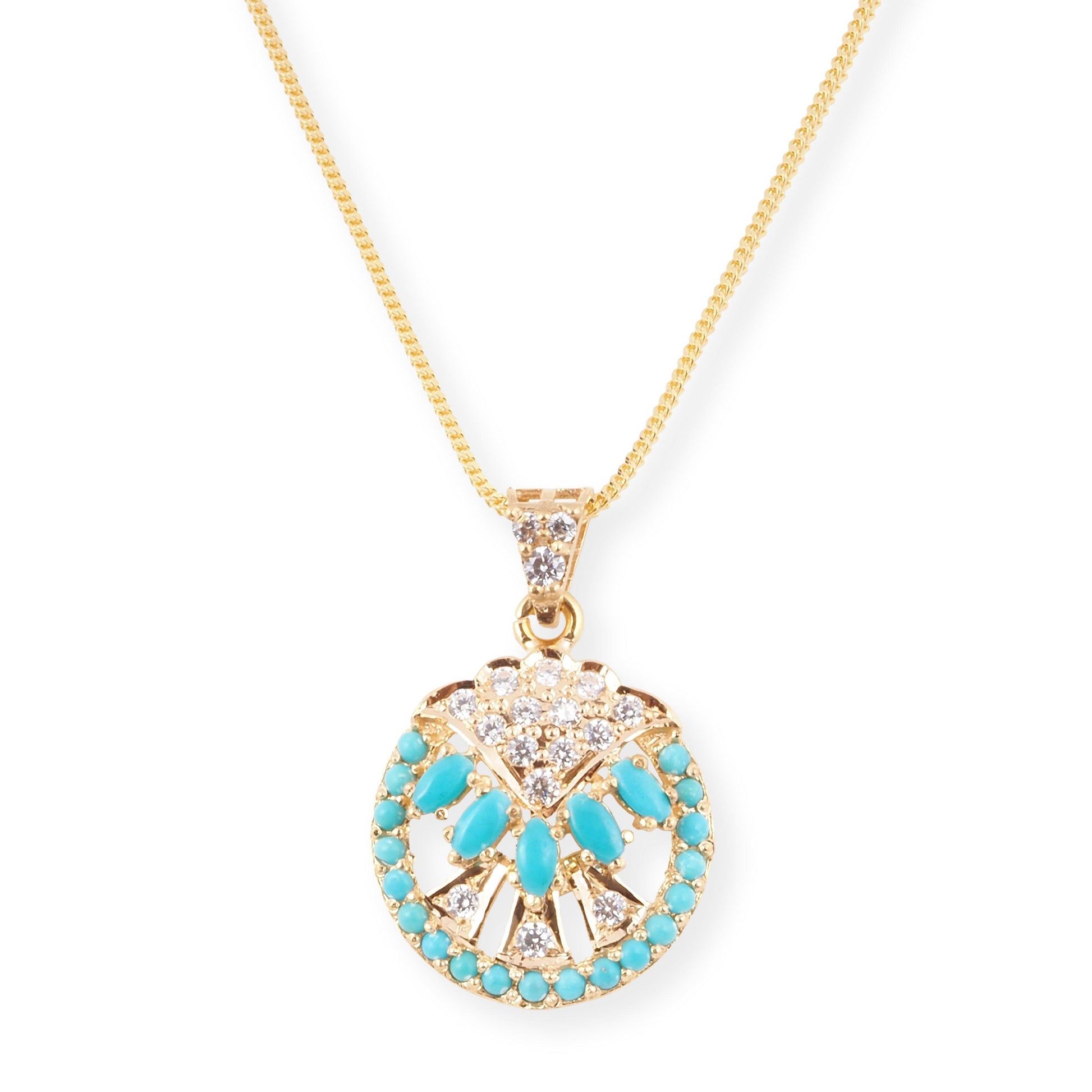 22ct Yellow Gold Necklace and Earrings Set with Turquoise and Cubic Zirconia Stones – Round Pendant Jewellery Suite