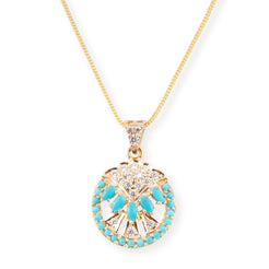 22ct Yellow Gold Necklace and Earrings Set with Turquoise and Cubic Zirconia Stones – Round Pendant Jewellery Suite