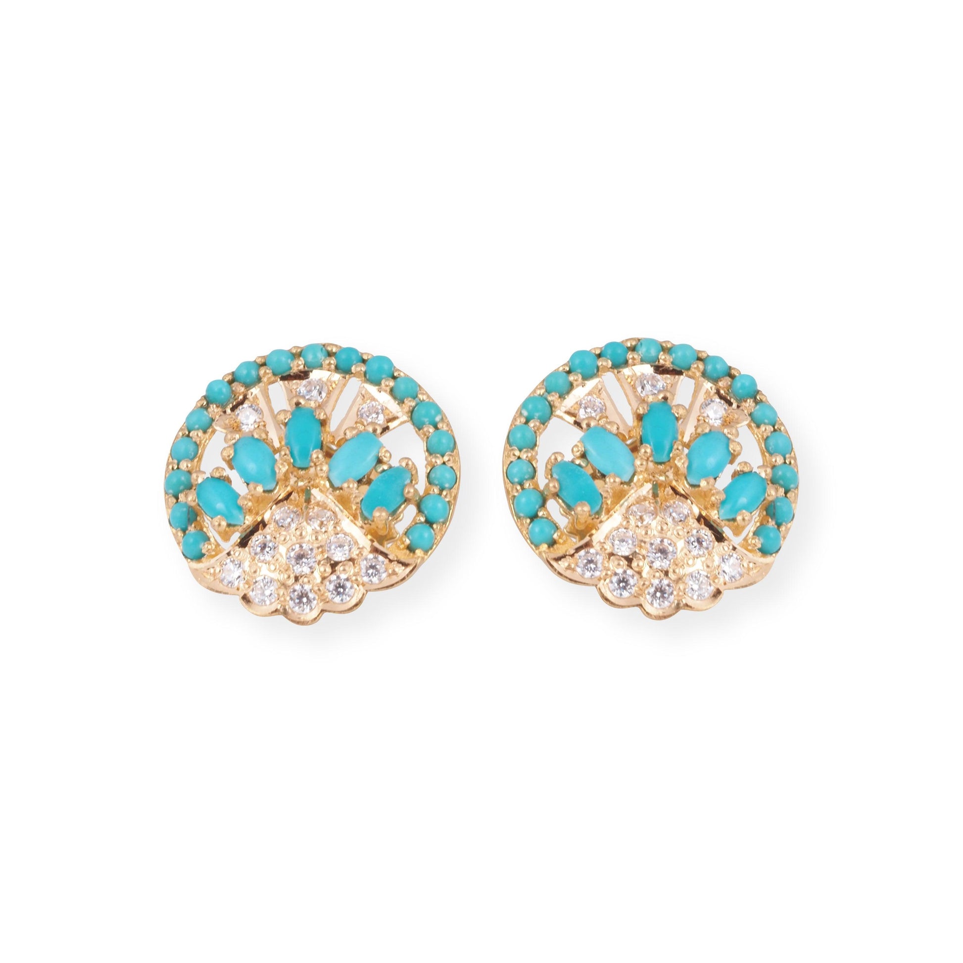 22ct Yellow Gold Necklace and Earrings Set with Turquoise and Cubic Zirconia Stones – Round Pendant Jewellery Suite