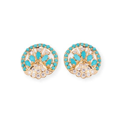 22ct Yellow Gold Necklace and Earrings Set with Turquoise and Cubic Zirconia Stones – Round Pendant Jewellery Suite