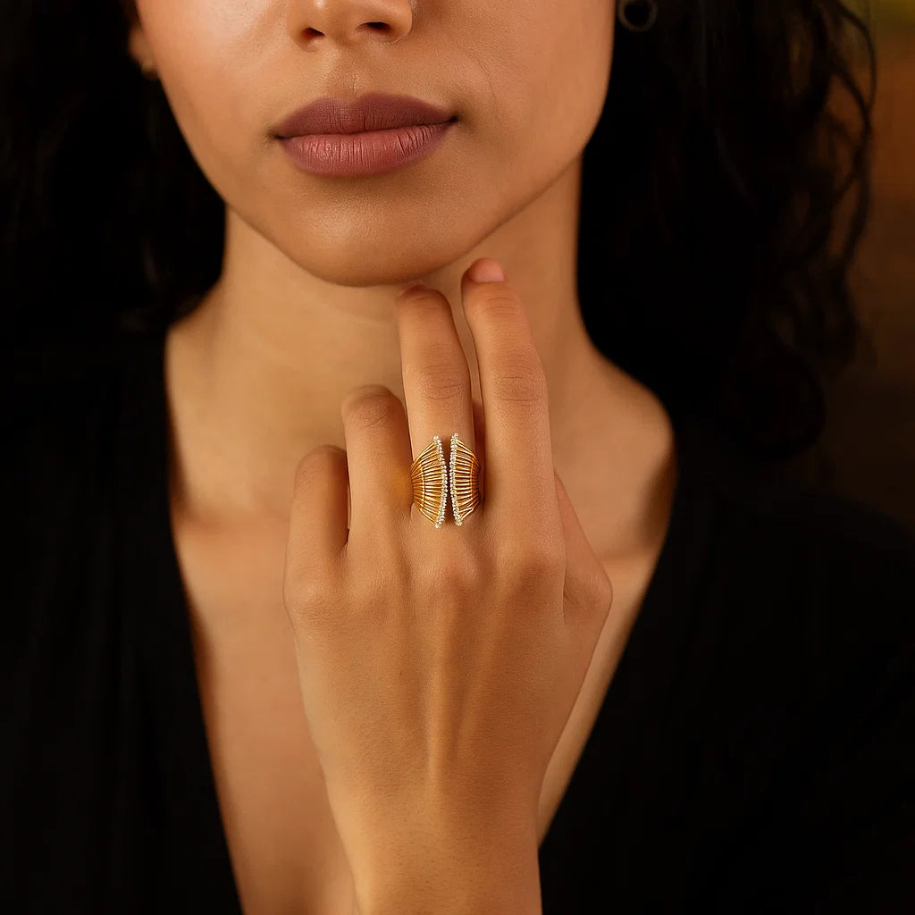 22ct Yellow Gold Open Leaf Ring with Cubic Zirconia – Modern Statement Design | Size L