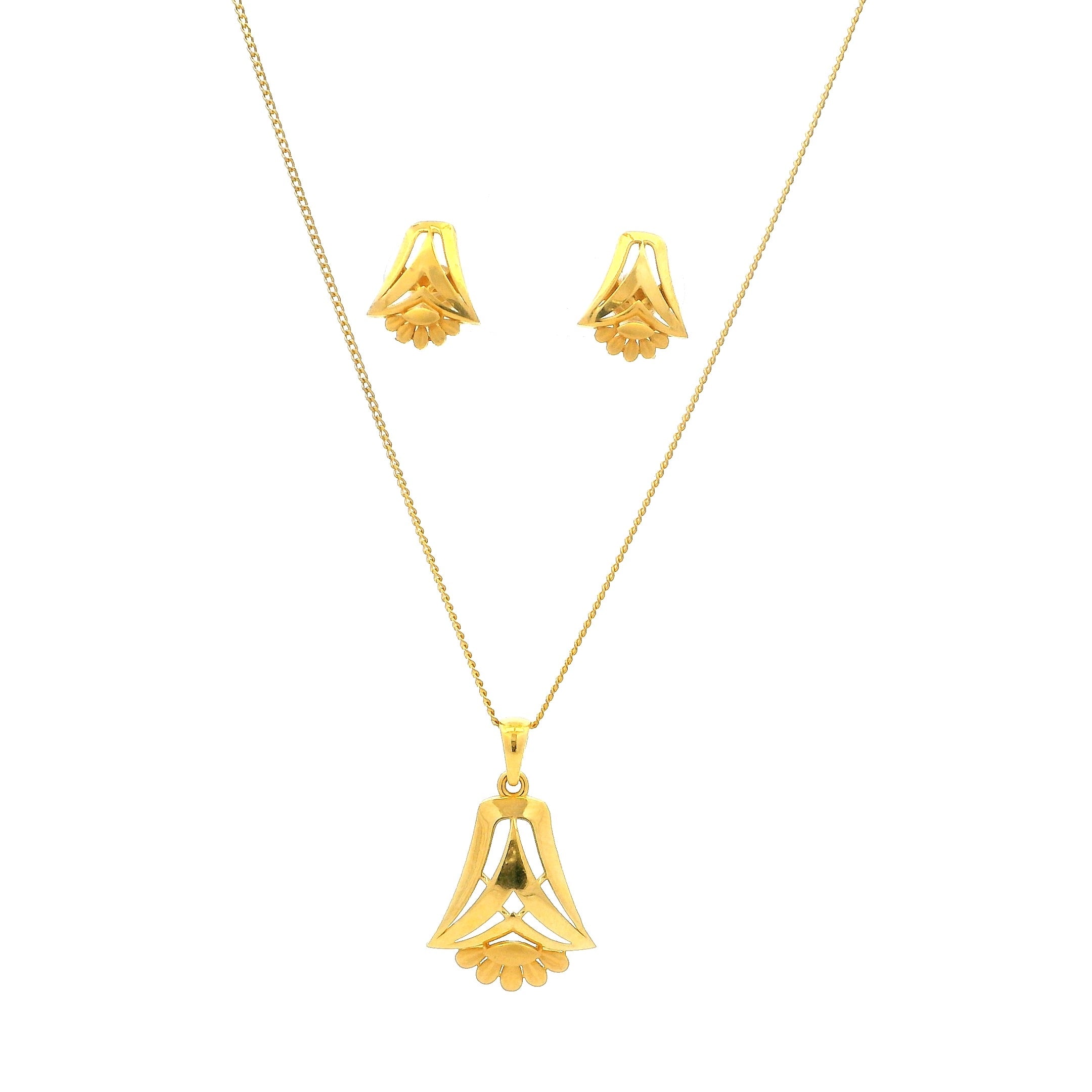 22ct Yellow Gold Pendant Set – Flared Geometric Design with Matte Floral Detail