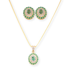 22ct Yellow Gold Pendant and Earrings Set with Green and Cubic Zirconia stones and Halo Design