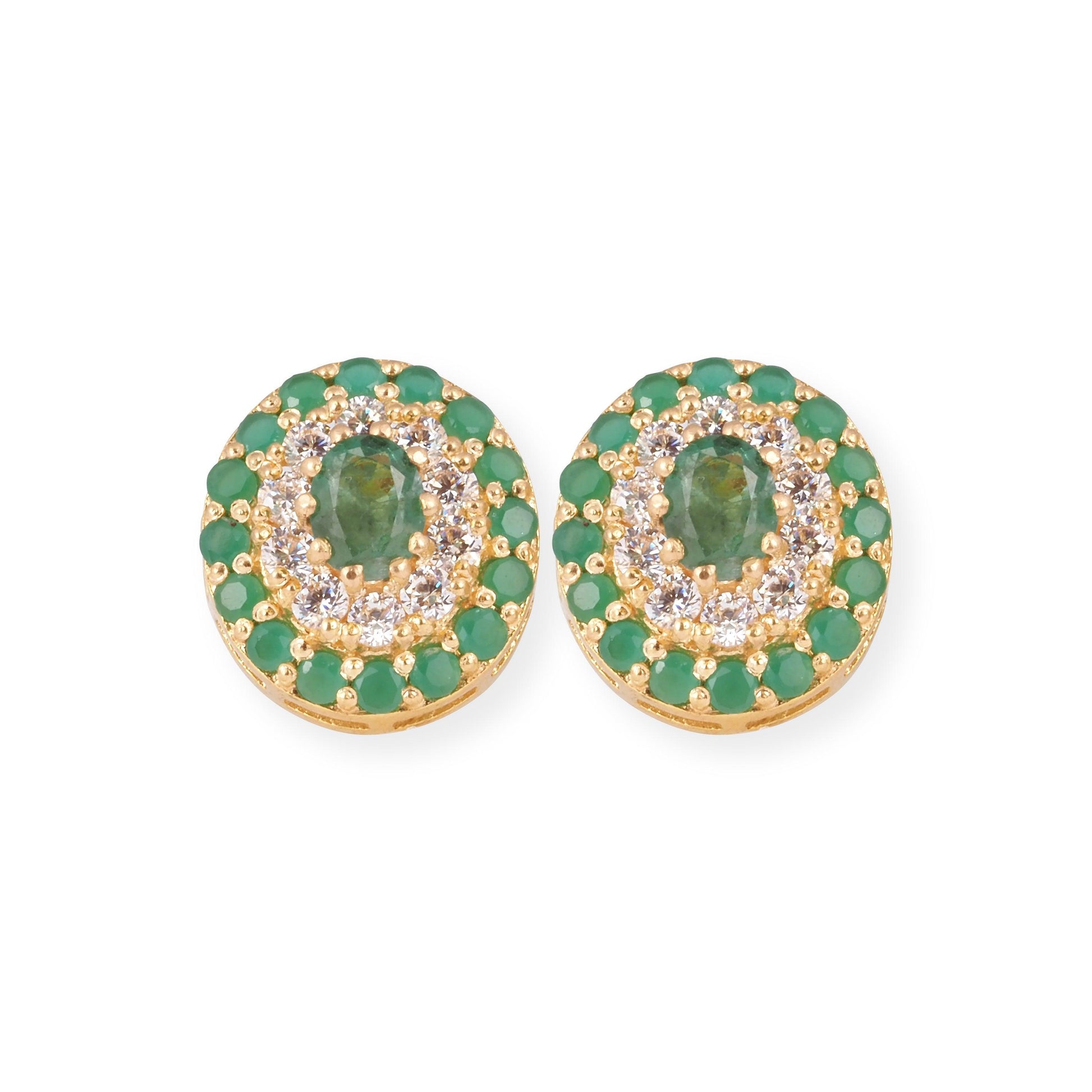 22ct Yellow Gold Pendant and Earrings Set with Green and Cubic Zirconia stones and Halo Design