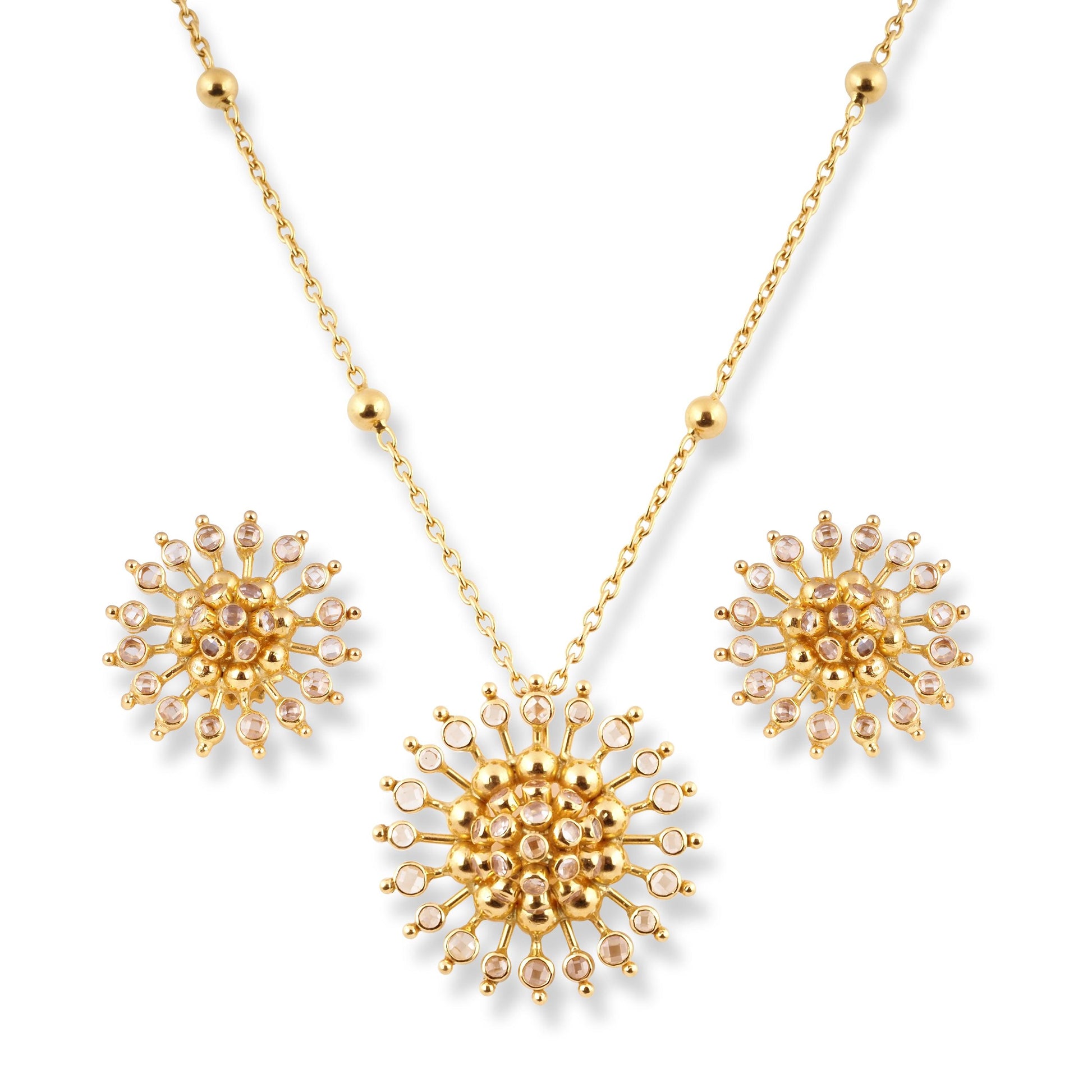 22ct Yellow Gold Polki Style Floral Necklace and Earrings Set with Bead Accents – Traditional Jewelry Suite