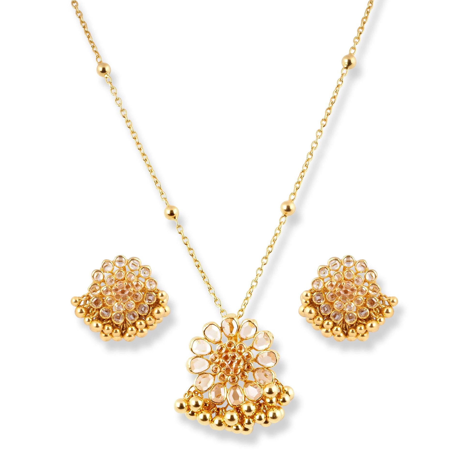 22ct Yellow Gold Polki Style Necklace and Earrings Set with Bead Detailing – Traditional Jewelry Suite