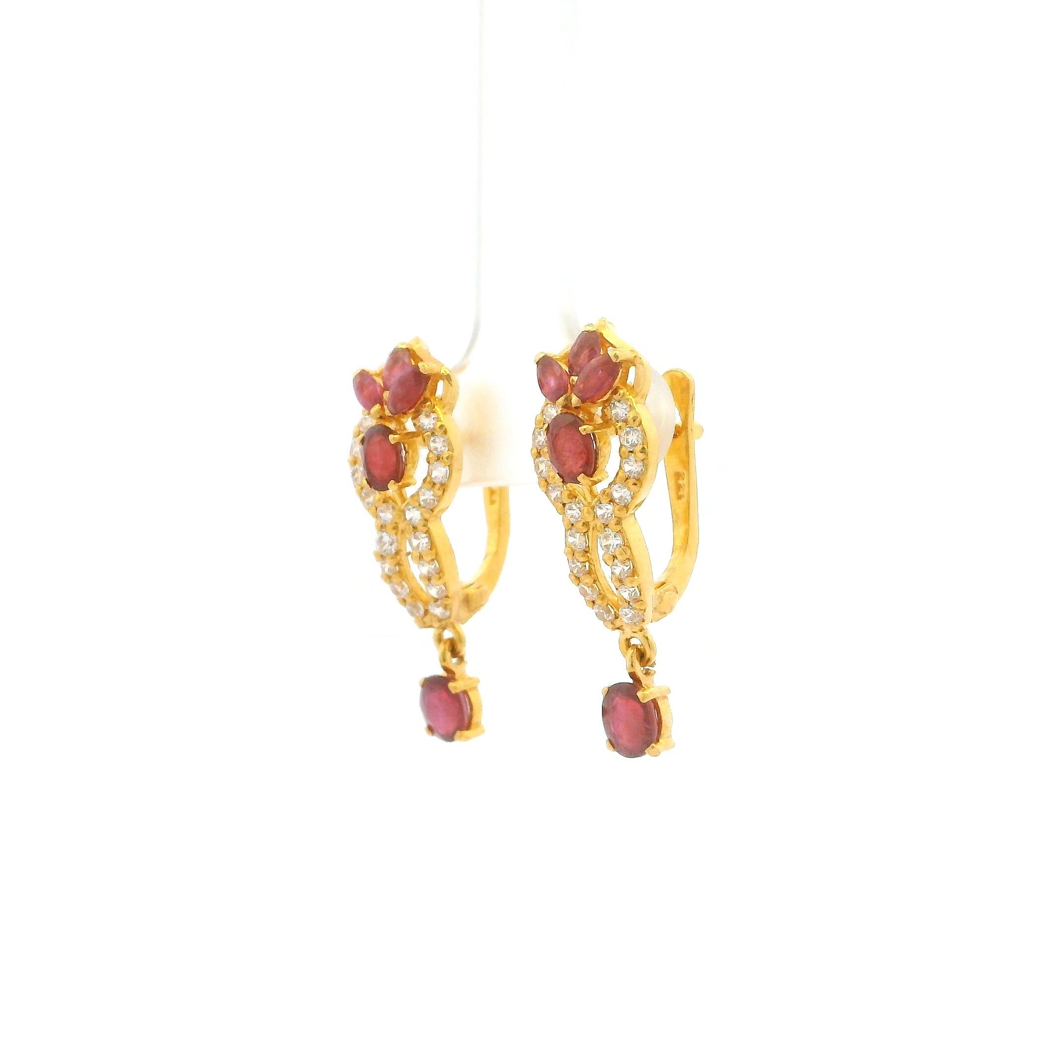 22ct Yellow Gold Red and White Cubic Zirconia Drop Earrings – Elegant Floral Design