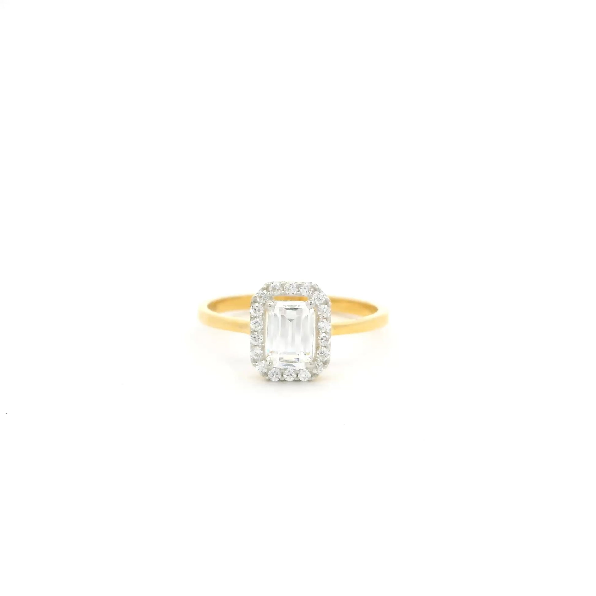 22ct Yellow Gold Ring – Sparkling Emerald Cut Cubic Zirconia Halo