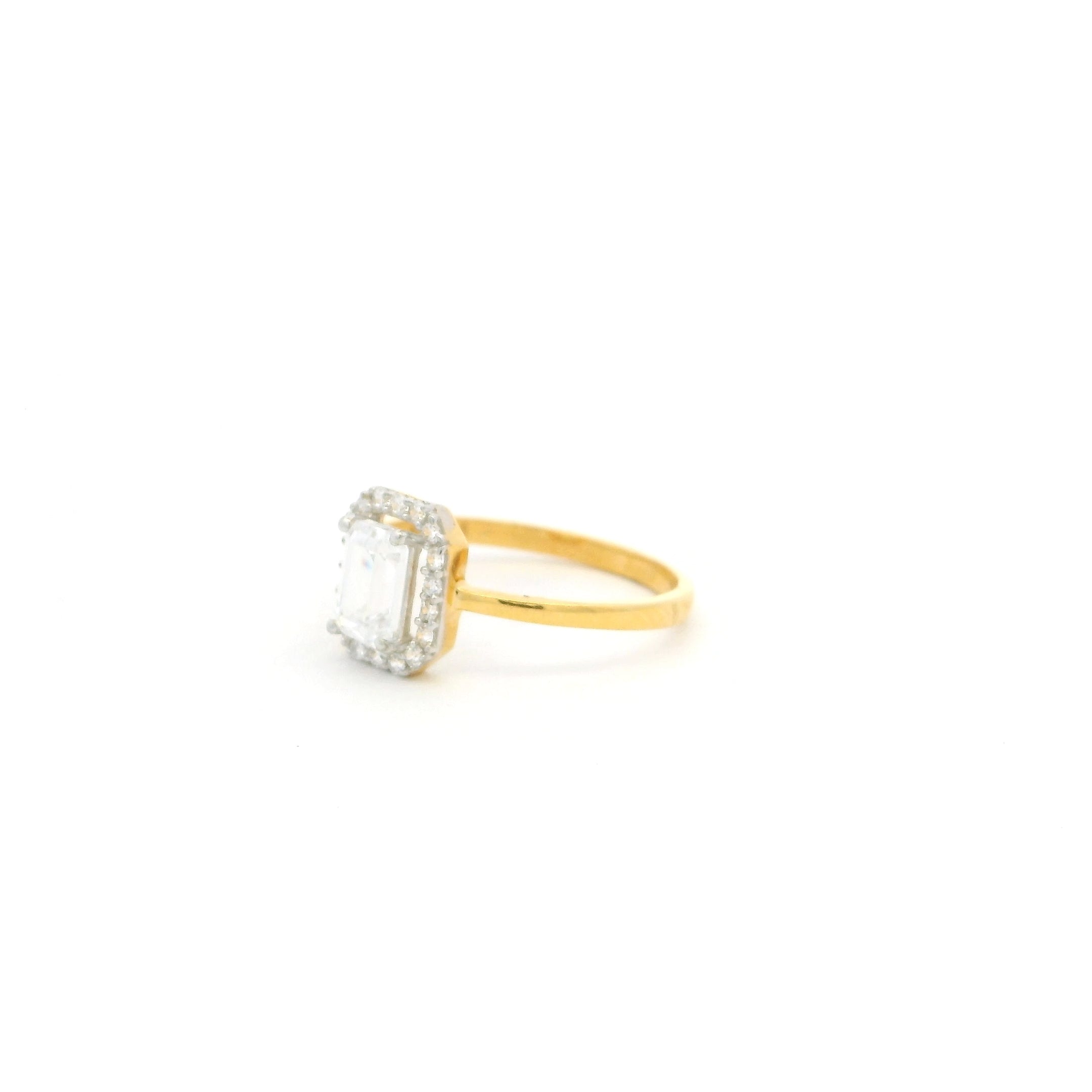 22ct Yellow Gold Ring – Sparkling Emerald Cut Cubic Zirconia Halo | Size I½