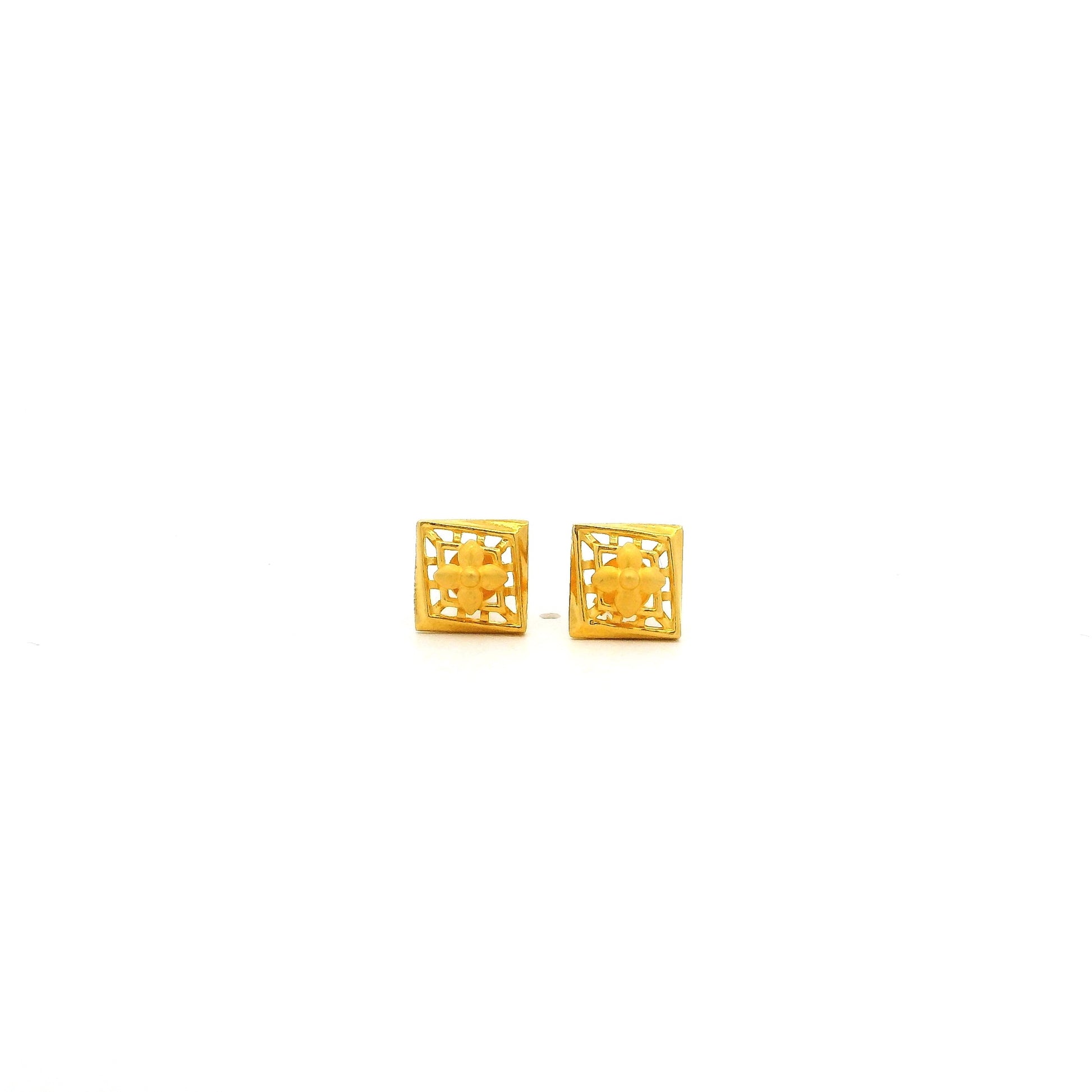 22ct Yellow Gold Square Stud Earrings – Decorative Flower Lattice Design