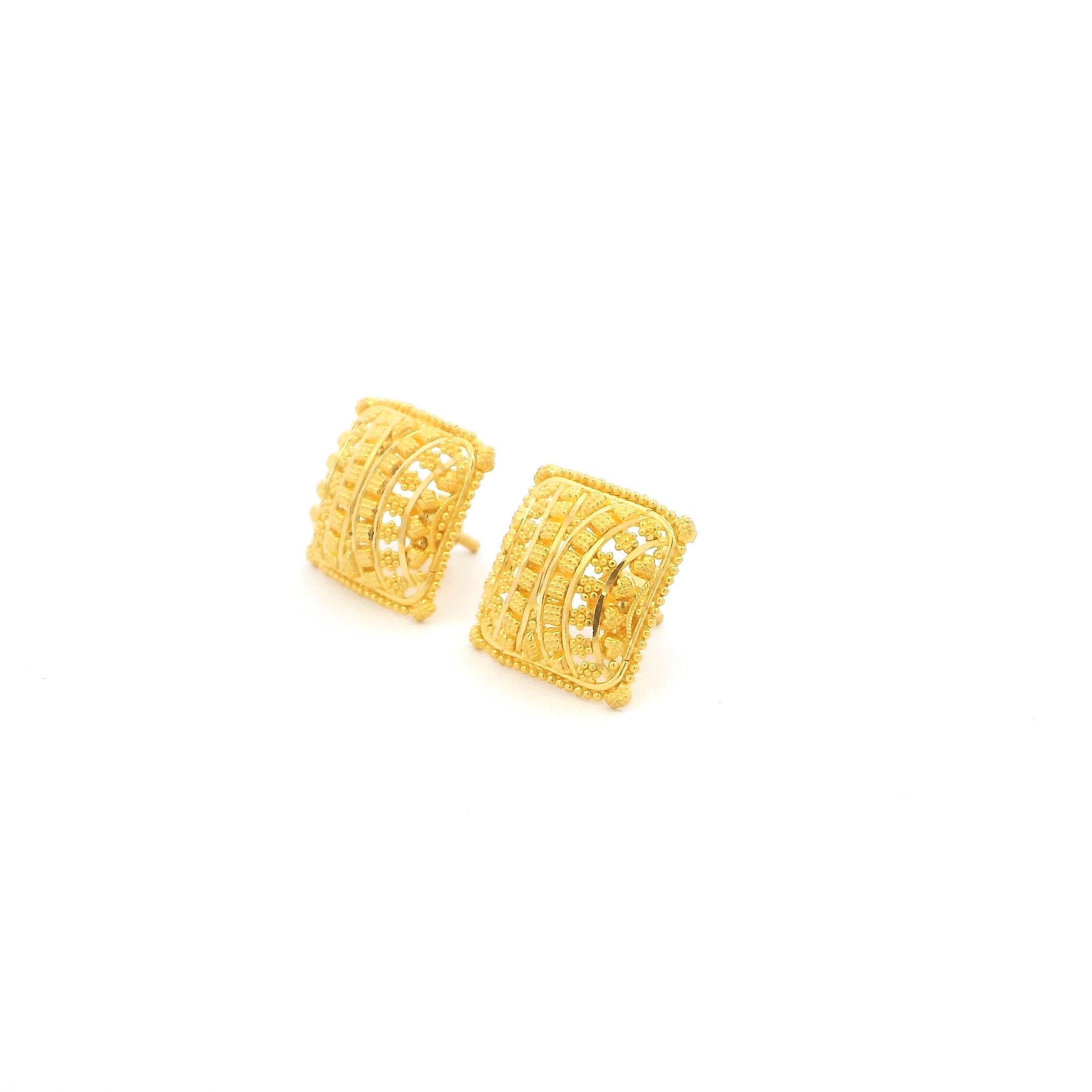 22ct Yellow Gold Square Stud Earrings with Cubic Zirconia – Traditional Filigree Design