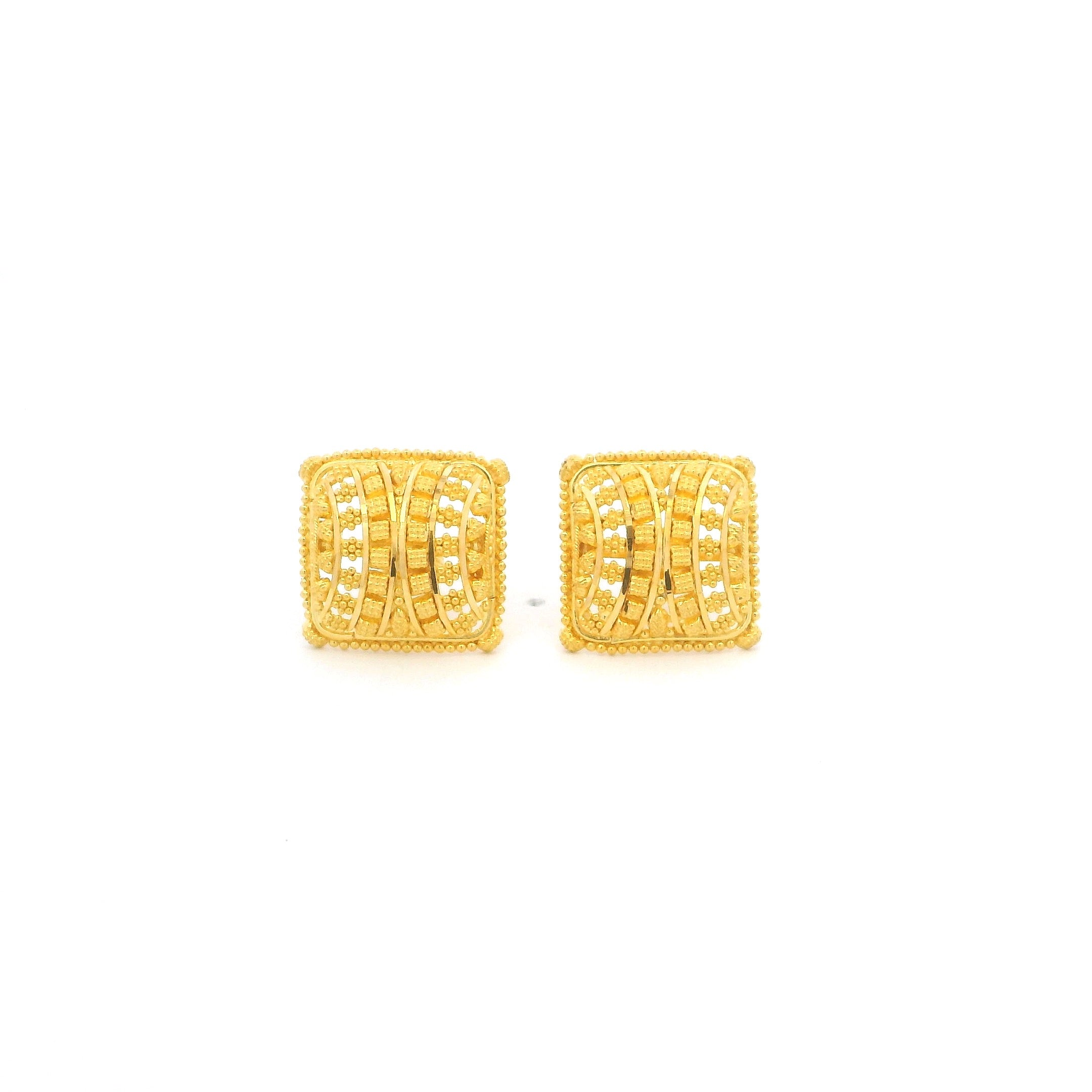 22ct Yellow Gold Square Stud Earrings with Cubic Zirconia – Traditional Filigree Design