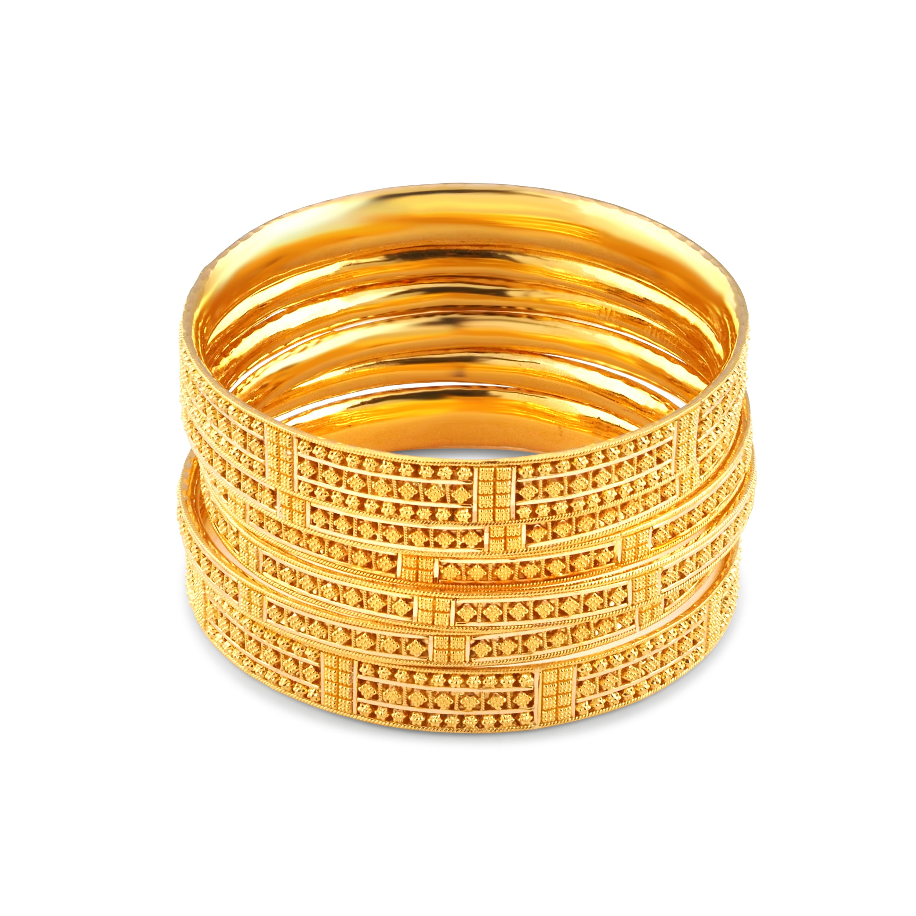 22ct Yellow Gold Traditional Bangle Set – Filigree Design (Set of 6)