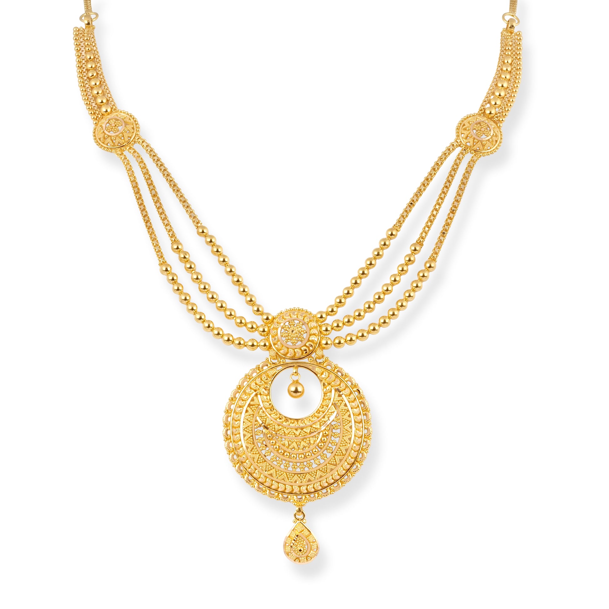 22ct Yellow Gold Traditional Three Row Necklace with Filigree Drop Design