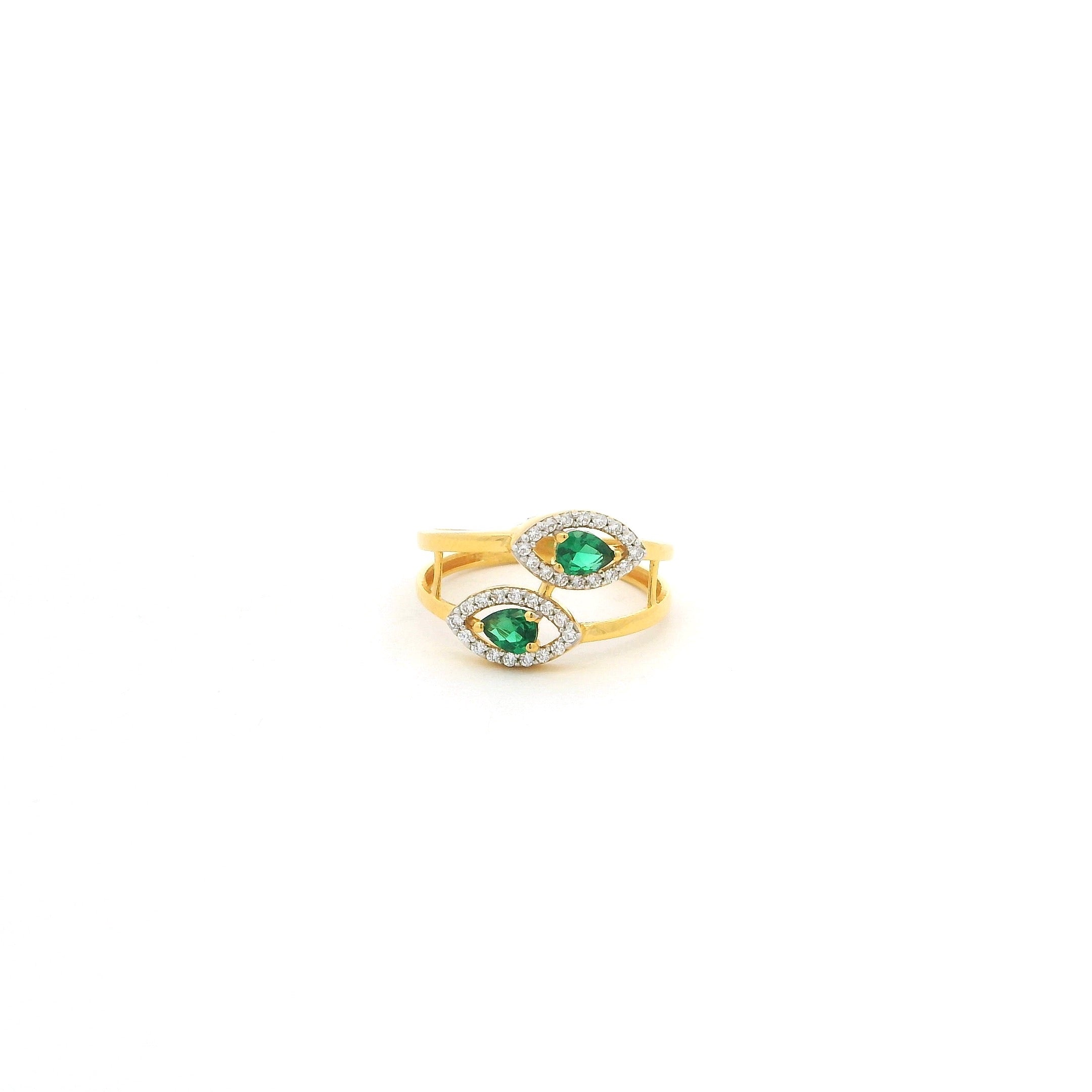22ct Yellow Gold Twin Pear Green Cubic Zirconia Ring with Halo Design – Elegant Open Split Band | Size J½ & O