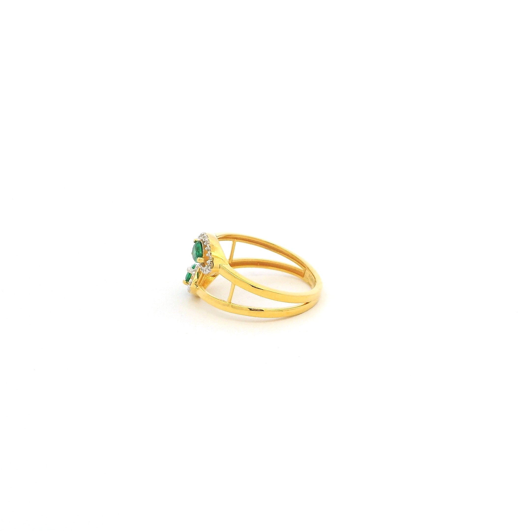 22ct Yellow Gold Twin Pear Green Cubic Zirconia Ring with Halo Design – Elegant Open Split Band | Size J½ & O