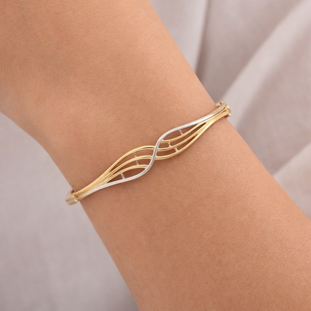 22ct Yellow Gold Two Tone Wave Design Ladies Bangle with Figure of 8 Clasp