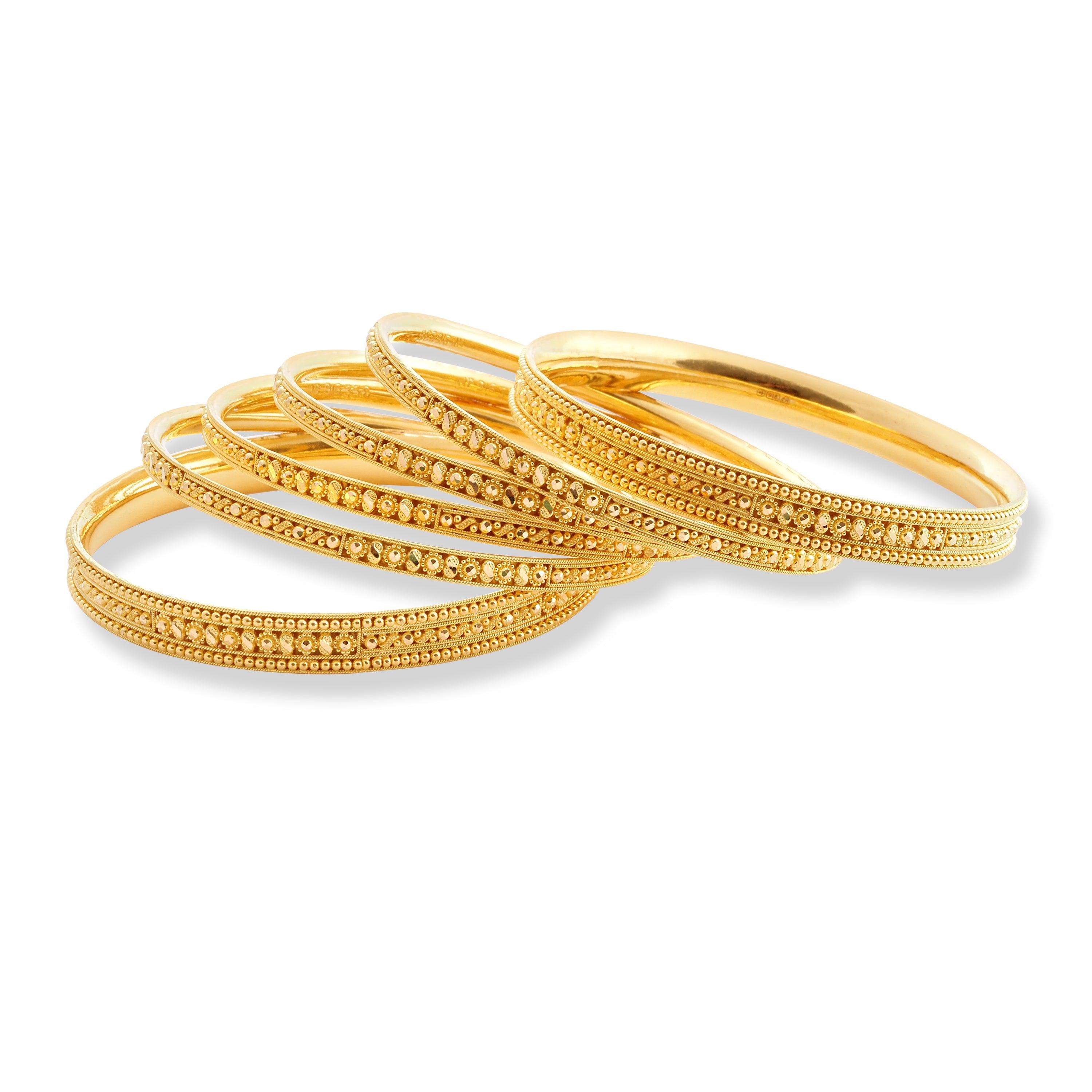 Set of Six 22ct Gold Bangles with Diamond Cut Beads & Flower Design B-8578 - Minar Jewellers