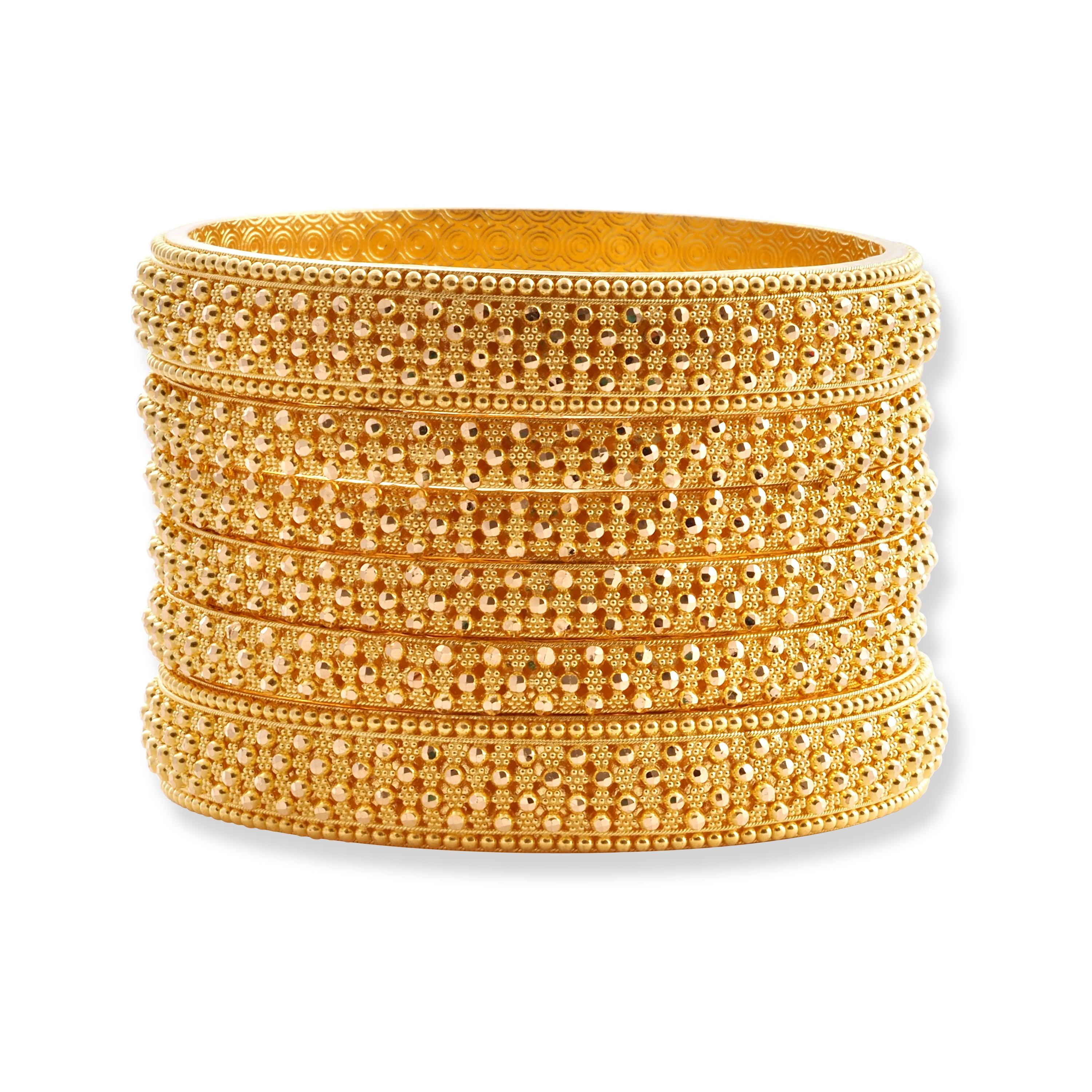 Set of Six 22ct Gold Bangles with Diamond Cut Bead Design B-8580 - Minar Jewellers