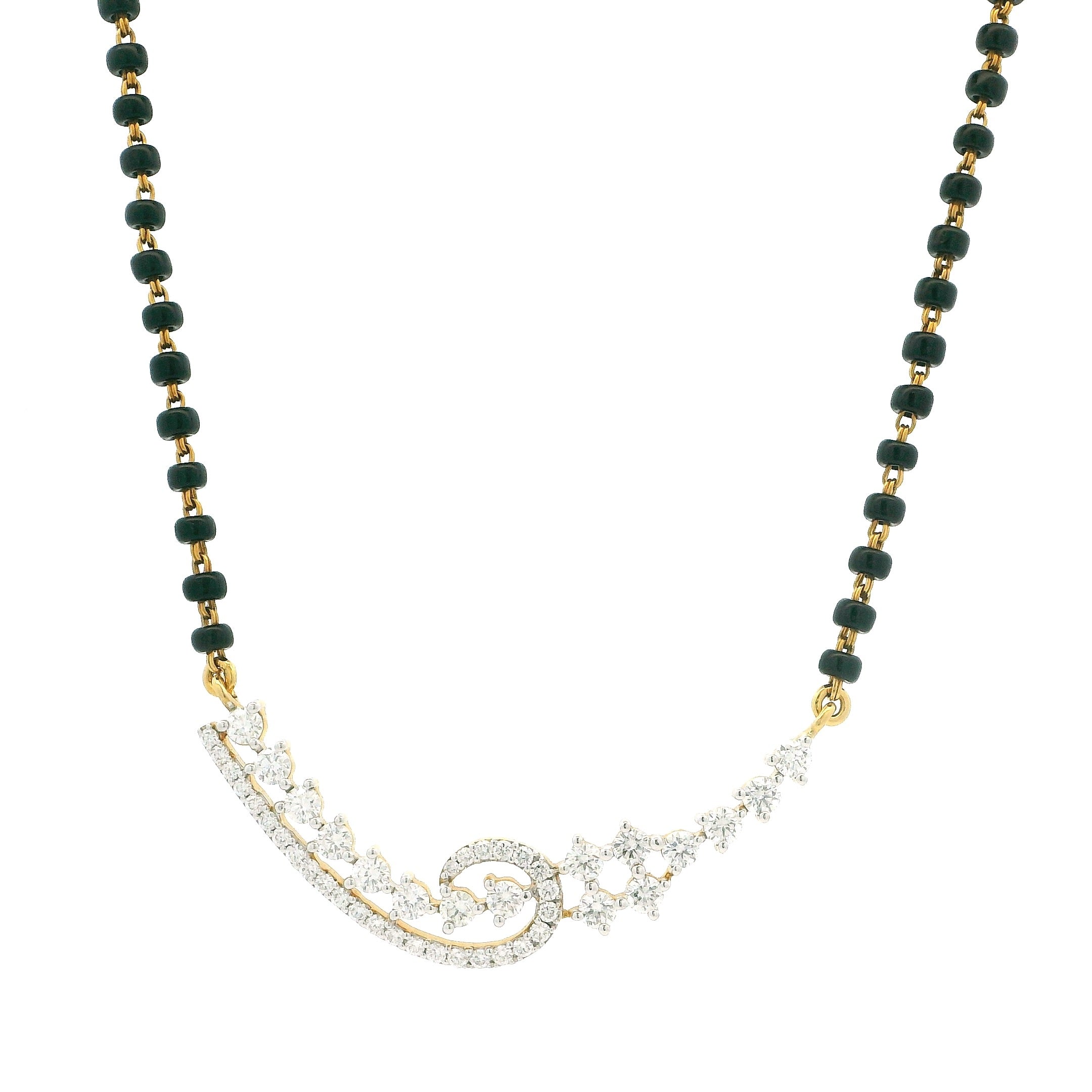 18ct Yellow Gold Diamond Mangalsutra – Sculpted Swirl Centre with Cluster Diamond Design
