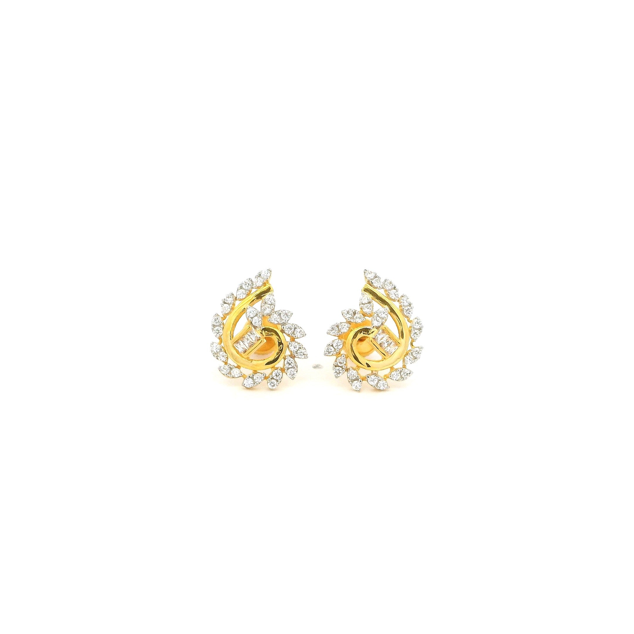 22ct Yellow Gold Cubic Zirconia Leaf Swirl Stud Earrings – Elegant Sparkling Statement Jewellery