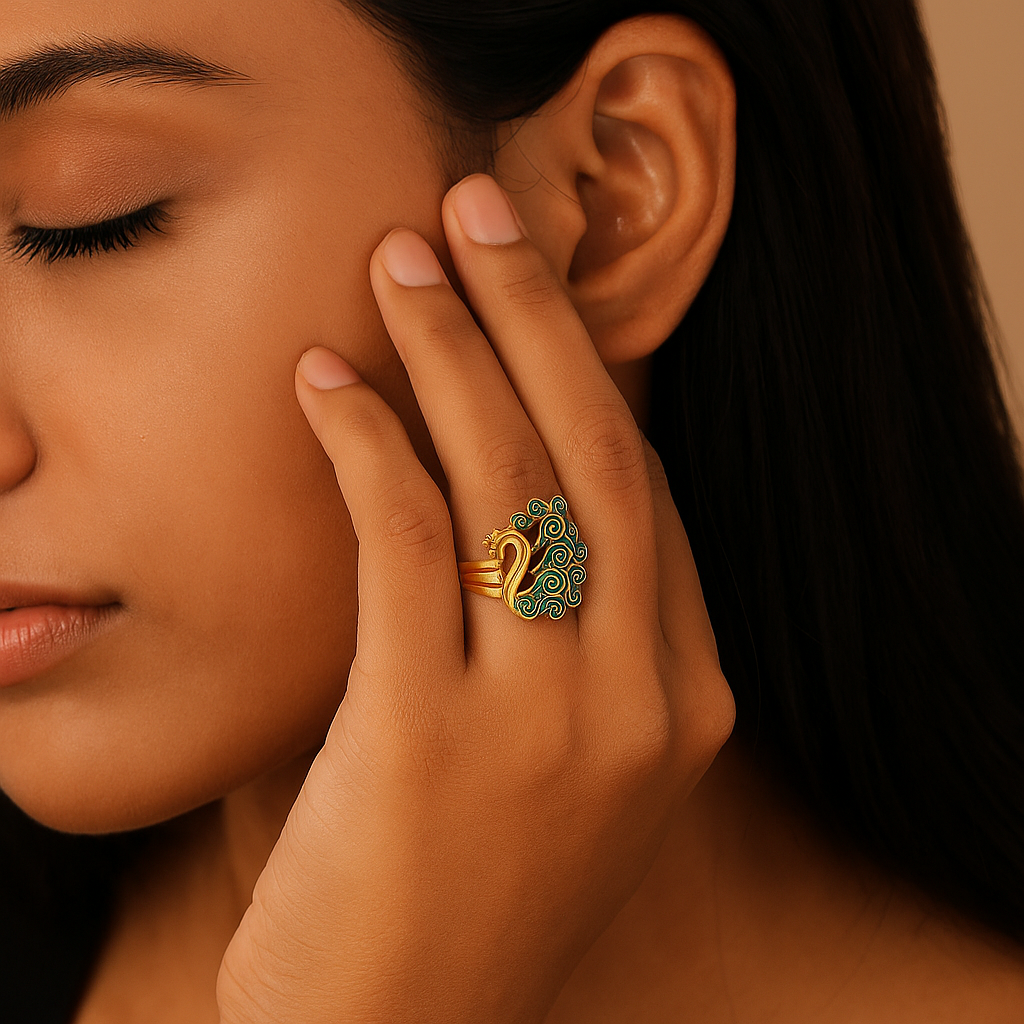 Gold Peacock Ring in 22ct | Designer Dress Ring with Enamel Artwork