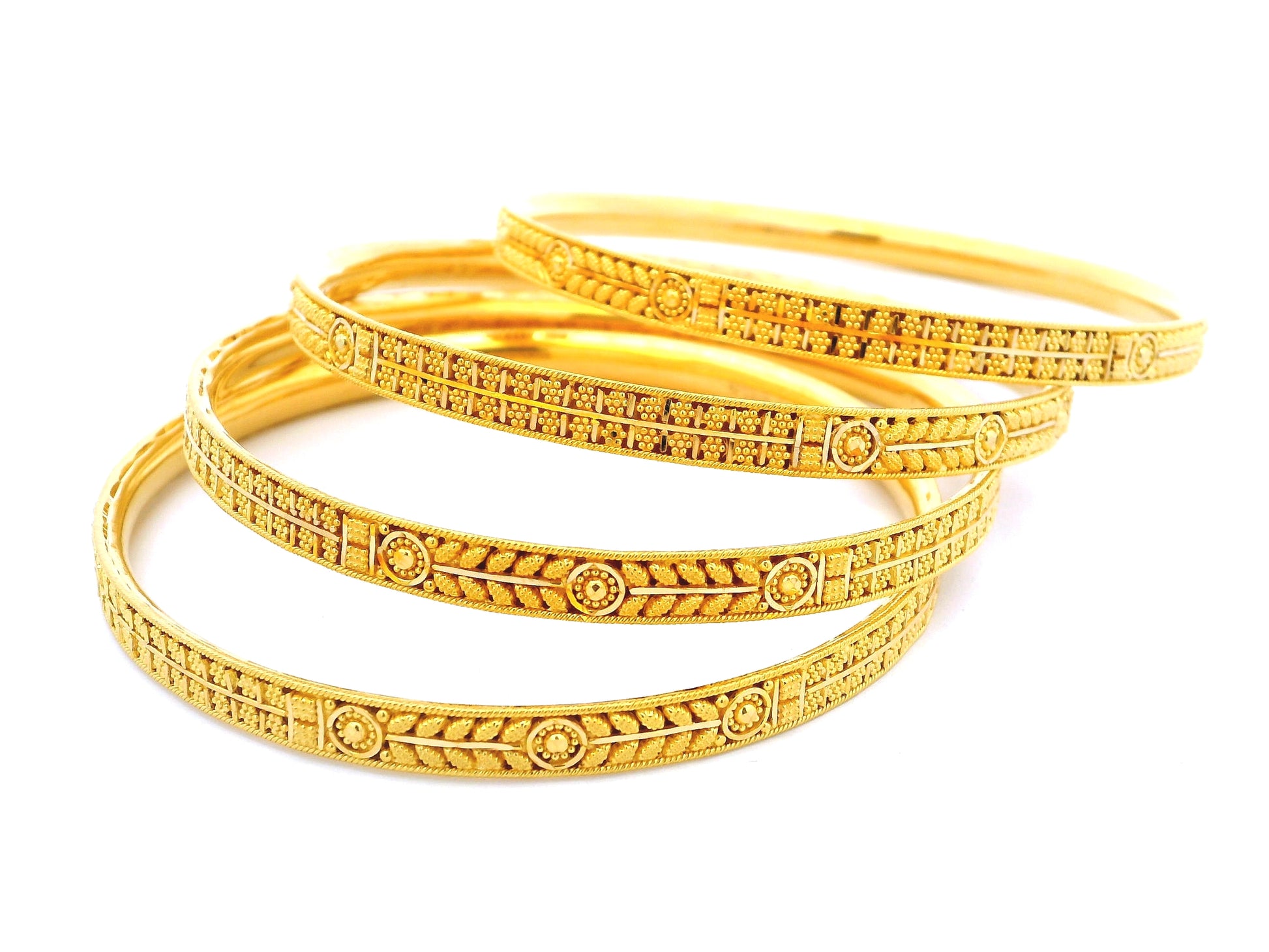 Handcrafted Set of Six 22ct Gold Bangles with Filigree and Floral Moti