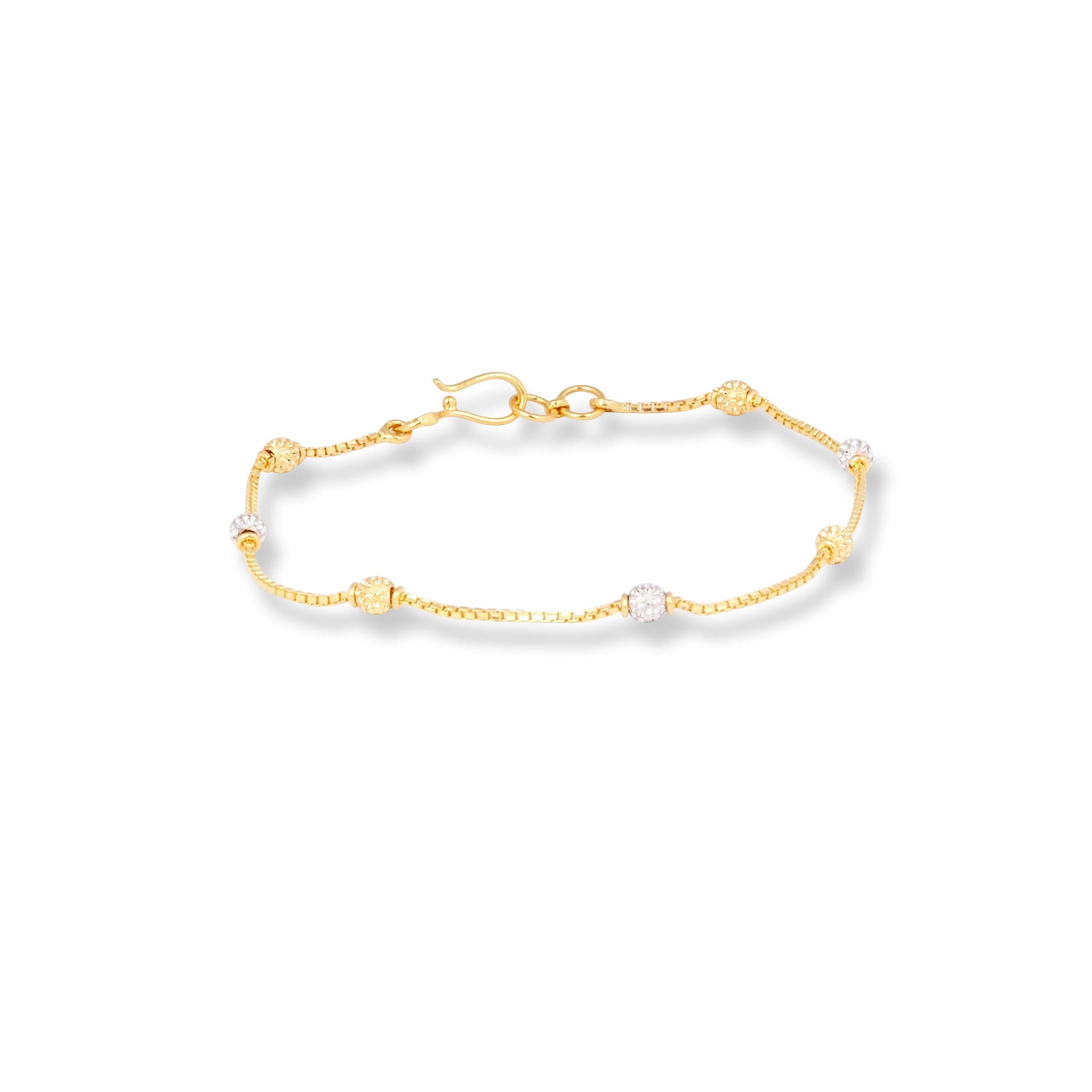 22ct Gold Box Chain Bracelet with Plain Gold and Rhodium Diamond Cut Gold Beads and Hook Clasp (3.2g) LBR-8479Rb