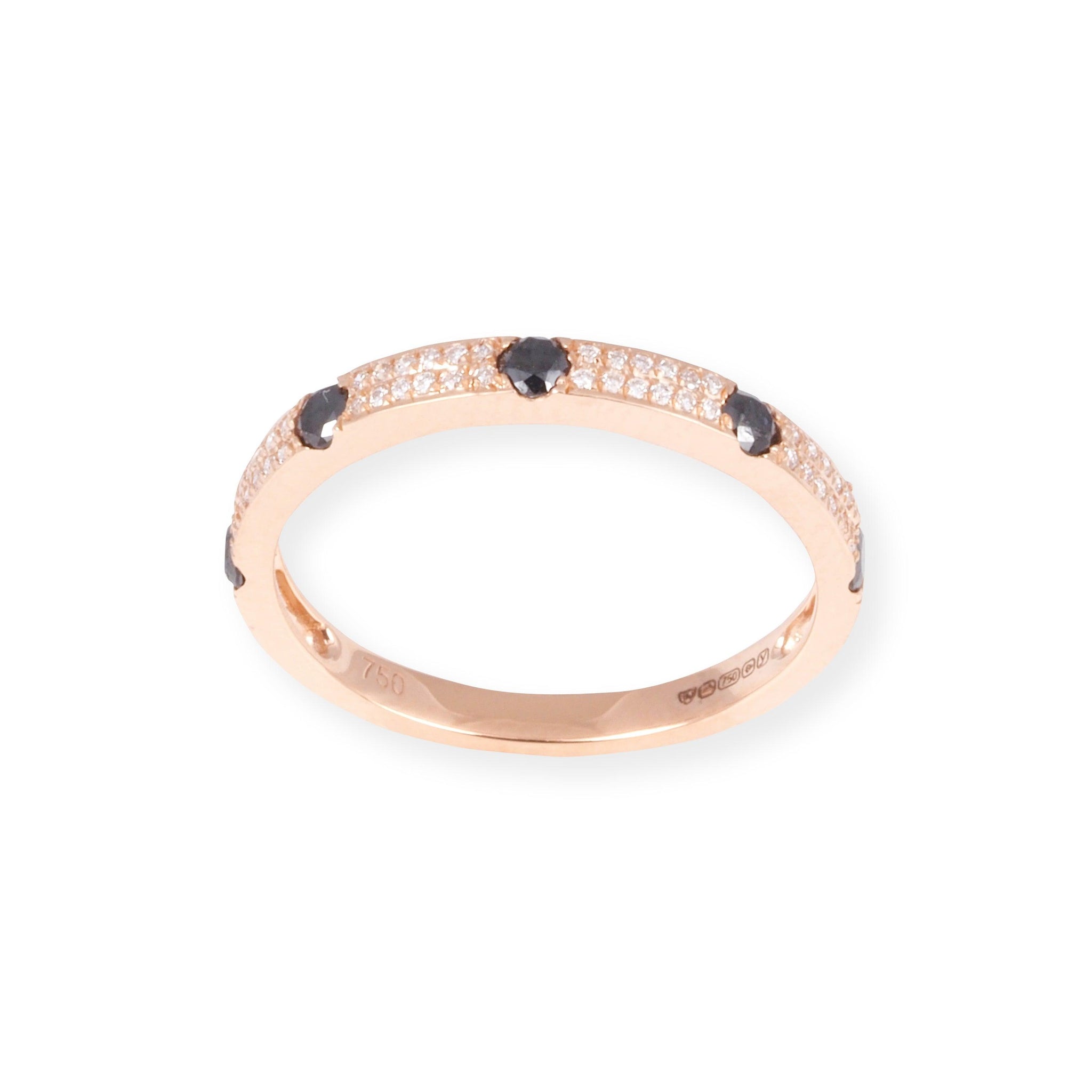 18ct Rose Gold White and Black Diamond Band Ring in Double-Row Pavé Setting LR-7035