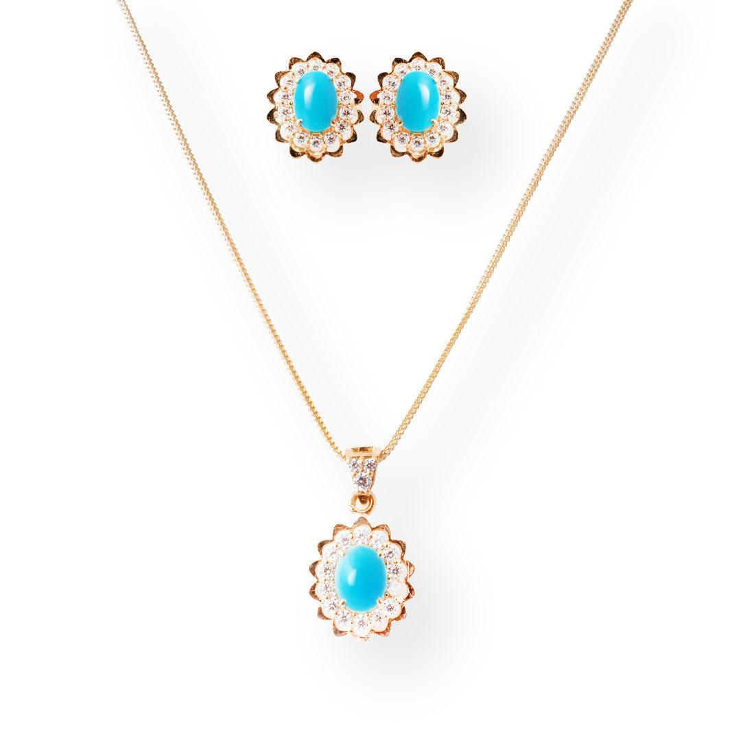 Luxury 22ct Gold Floral Design Pendant and Earrings Suite with Turquoise and Cubic Zirconia