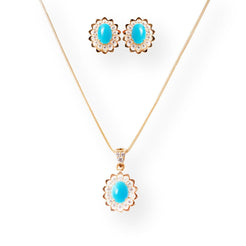 Luxury 22ct Gold Floral Design Pendant and Earrings Suite with Turquoise and Cubic Zirconia